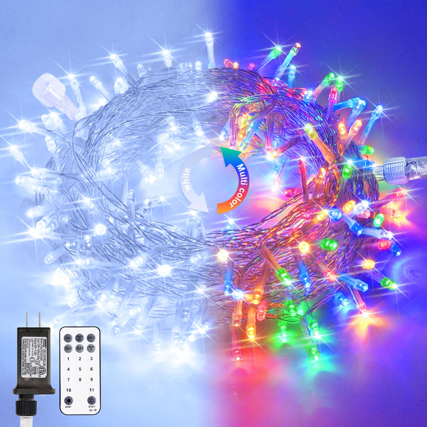 Jmexsuss 100 Led Cool White & Multicolor Christmas Lights Indoor, 11 Modes Color Changing String Lights Plug In With Remote, 33F