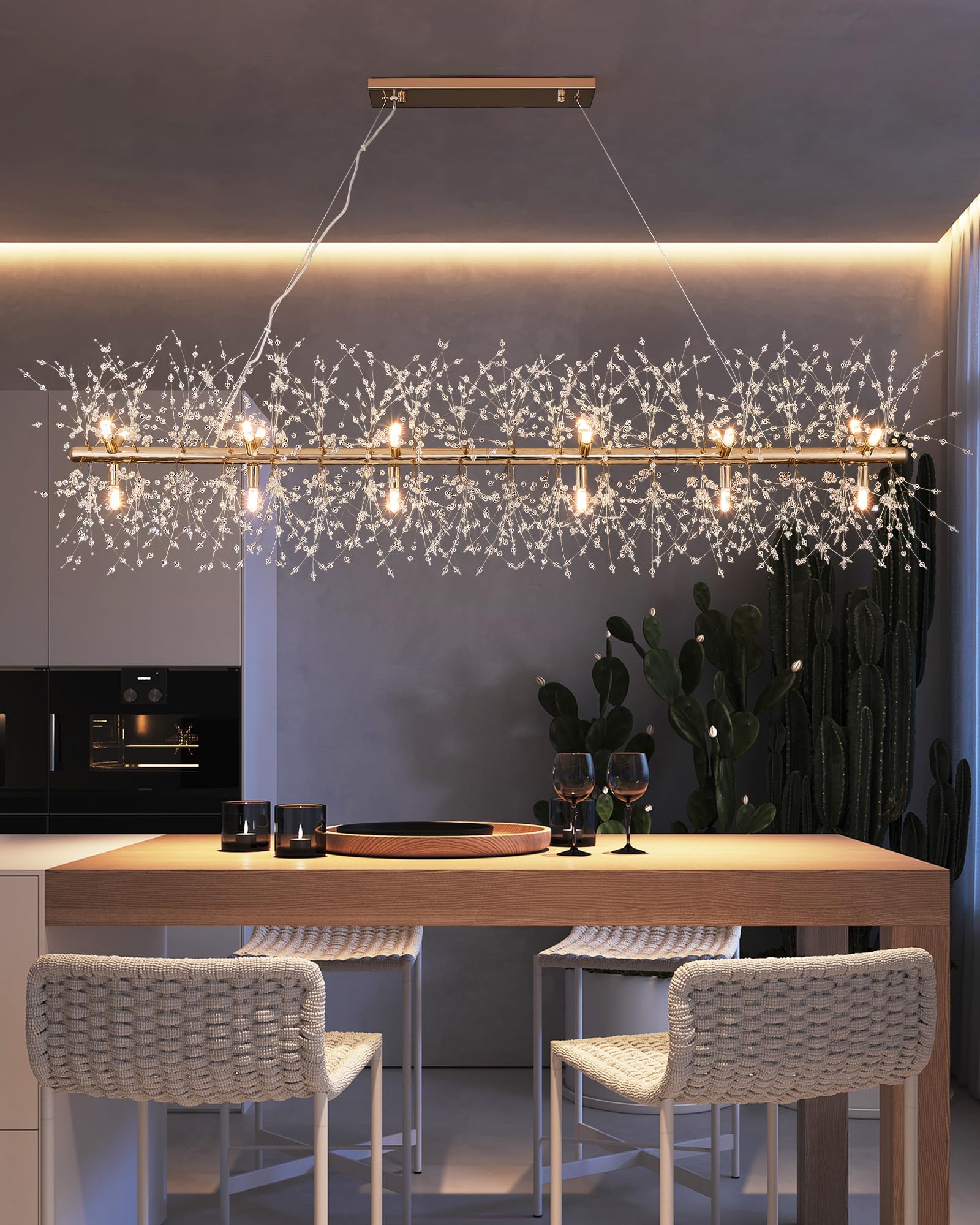 Modern 59'' Modern Gold Crystal Firework Chandelier, 18-Light Pendant Light Fixture, Rectangle Linear Sputnik Dandelion Chandeli