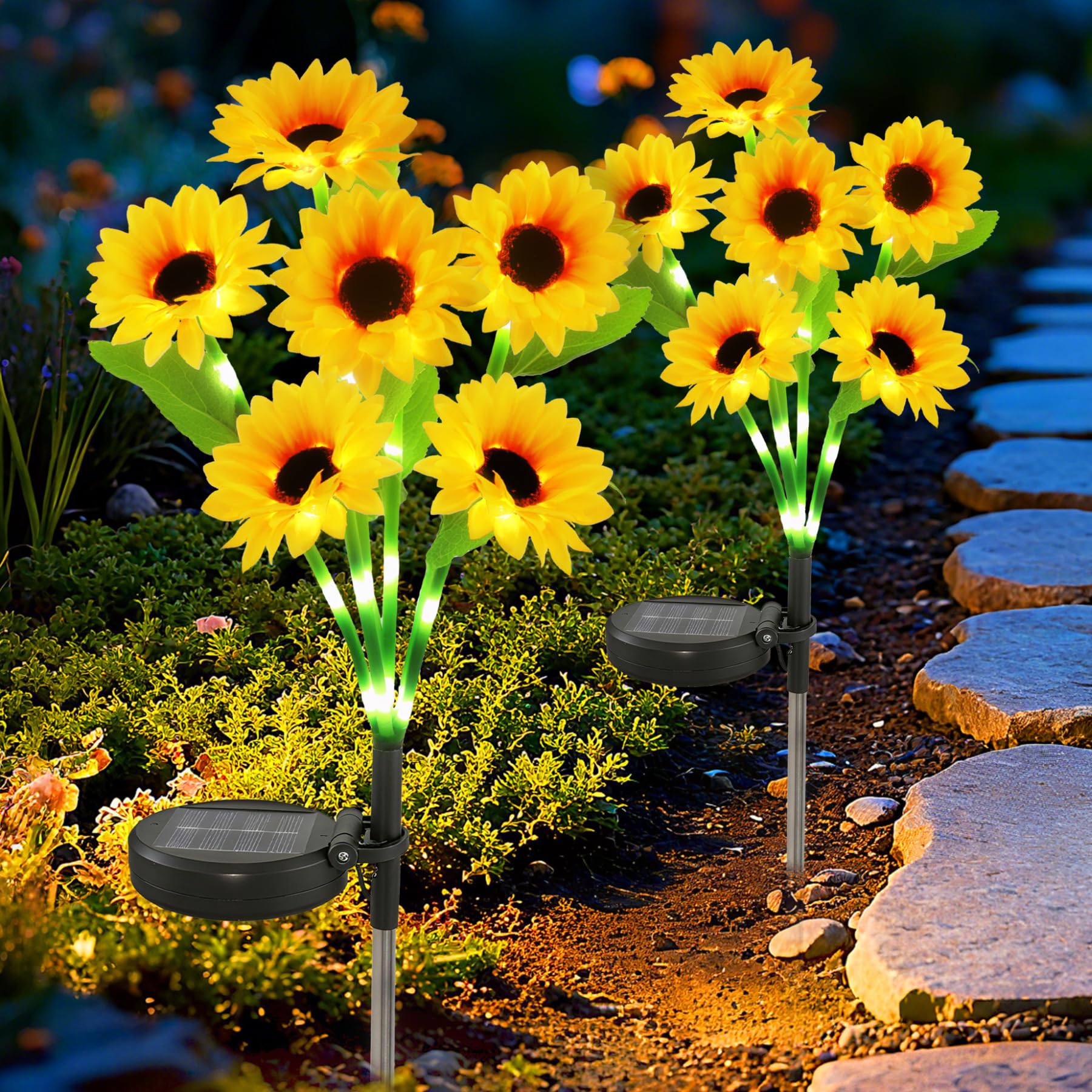 Anothera 2Pcs Solar Sunflower Lights Features Flashing or Steady-on Modes, Waterproof Sunflower Garden Lights for Outdoor Patio,