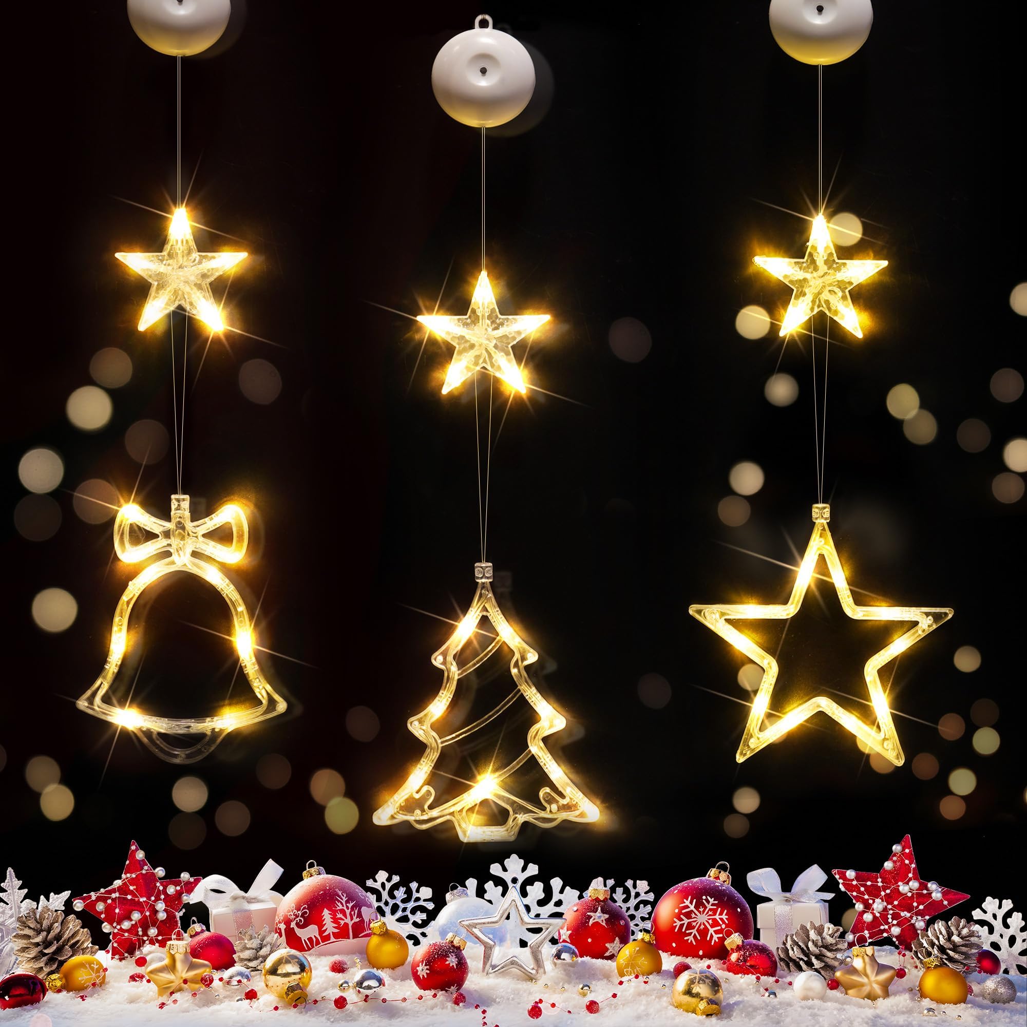suddus Christmas Window Lights Decorations, 3Pcs Tree-Jingle Bell-Star Shaped Xmas Lights Battery Powered with Suction Cups & Timer, Hanging String Lights Indoor for Tree, Fireplace, Warm White