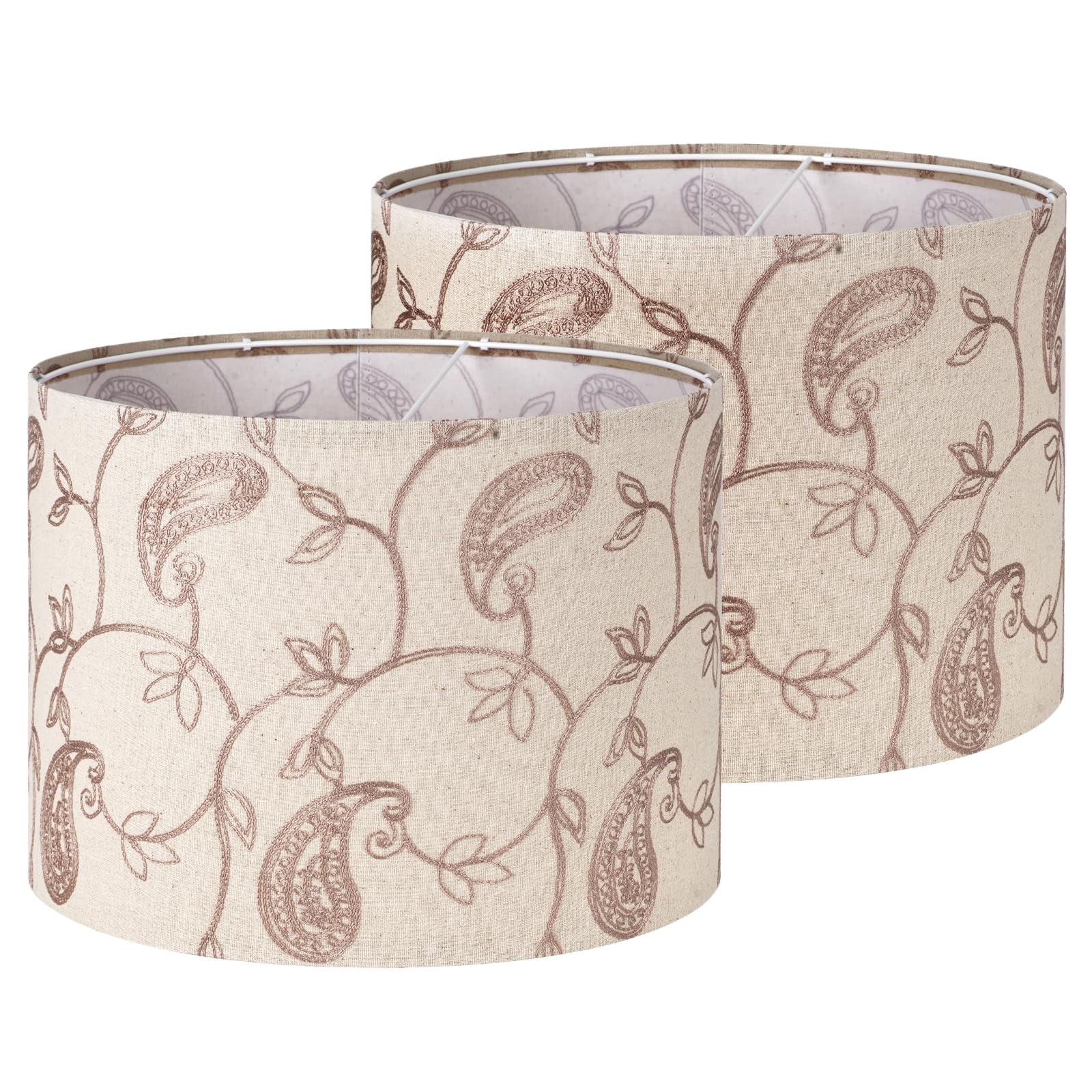 2-Pack 13 Inch Drum Lamp Shades,Paisley Embroidered Fabric Replacement Lampshades for Table Lamps,Floor Lamps,Pendants,Neutral B