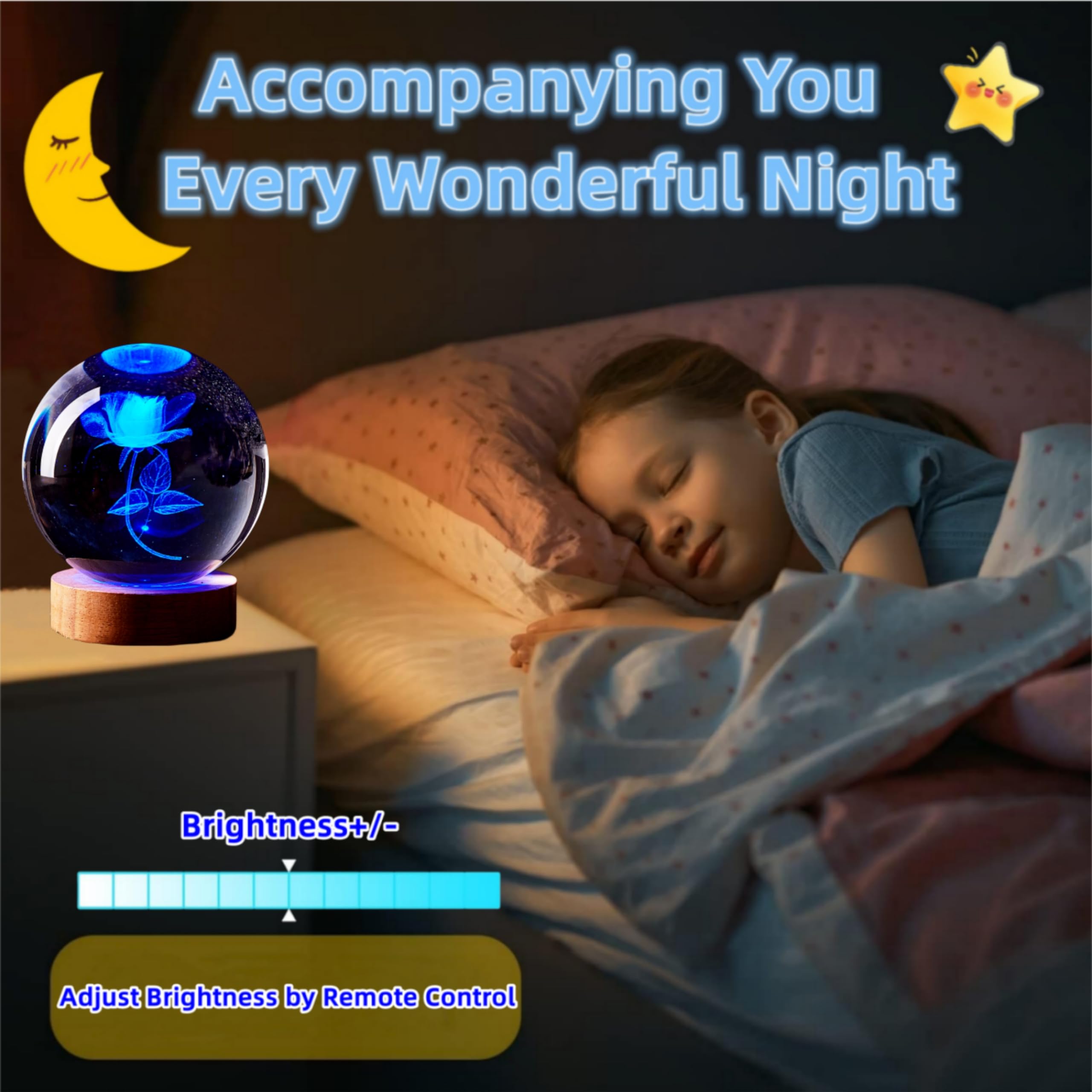 3D Rose Crystal Ball Lamp,3.15 Inch Crystal Ball Night Light With Wooden Base,16 Colors Changing Light,Dimmable Remote Control,R