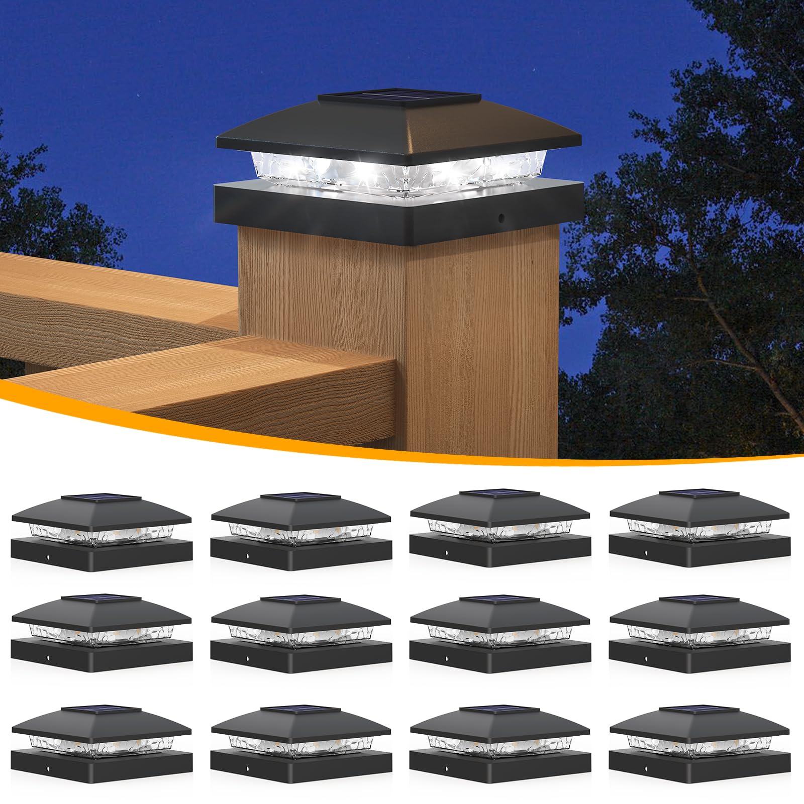 APONUO Solar Post Cap Lights, Bright Cool White LED, IP64 Waterproof, 12 Pack, Black, Model TZ10W1
