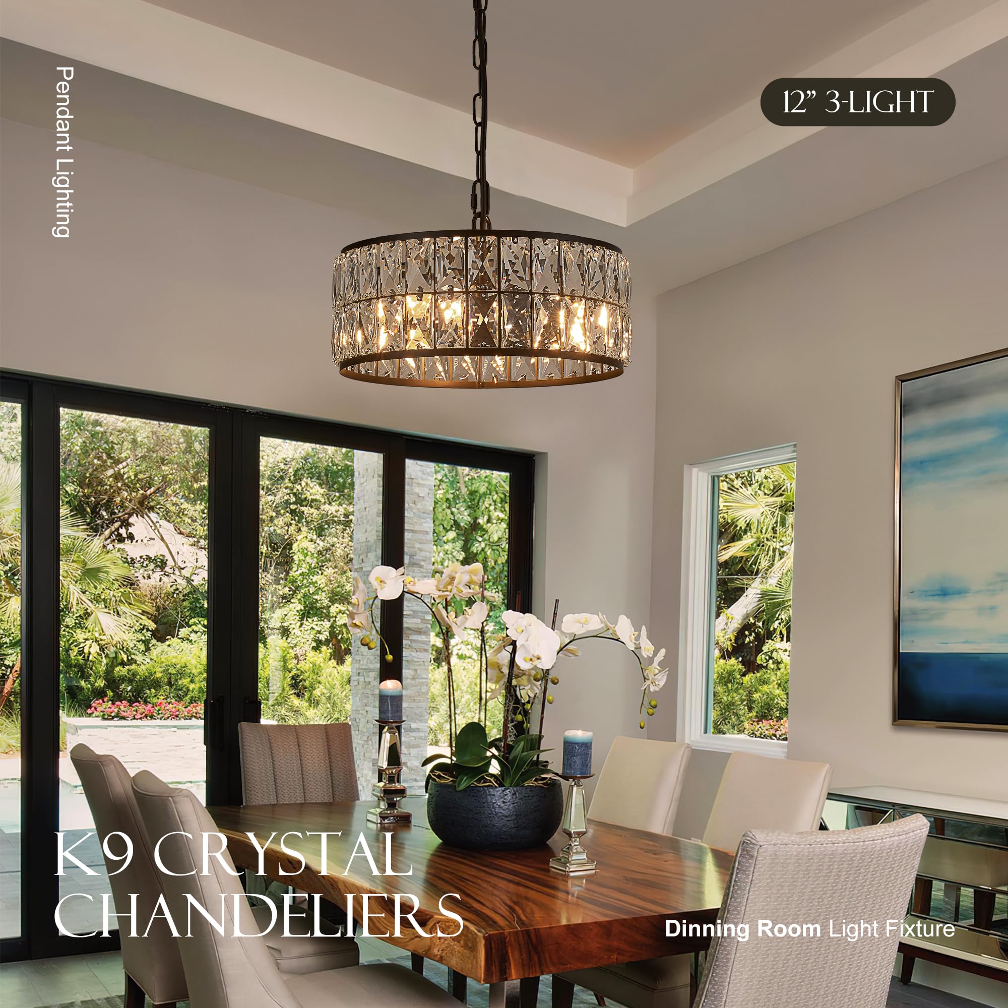 Salaiwei 12    3-Light Modern Crystal Chandeliers Black Dinning Room Light Fixture, Round Pendant Light Kitchen Island Chandelie