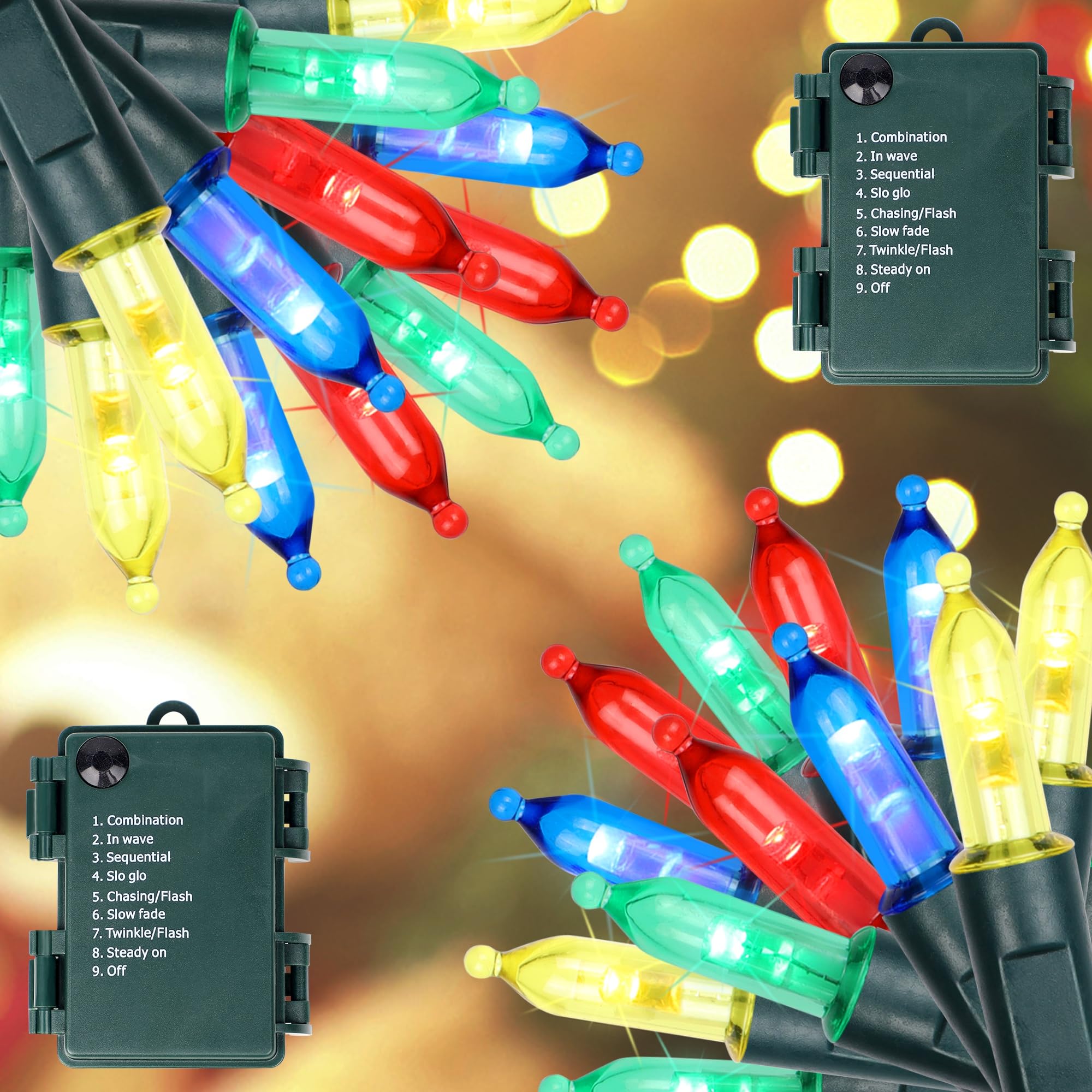 Blissun Christmas Lights  50-Count Green Wire Light Set  Battery Operated Christmas Mini String Light with 8 Modes  16 ft Fairy Lights for Christmas Tree Wreath Decorations (2 Pack  Multicolor)