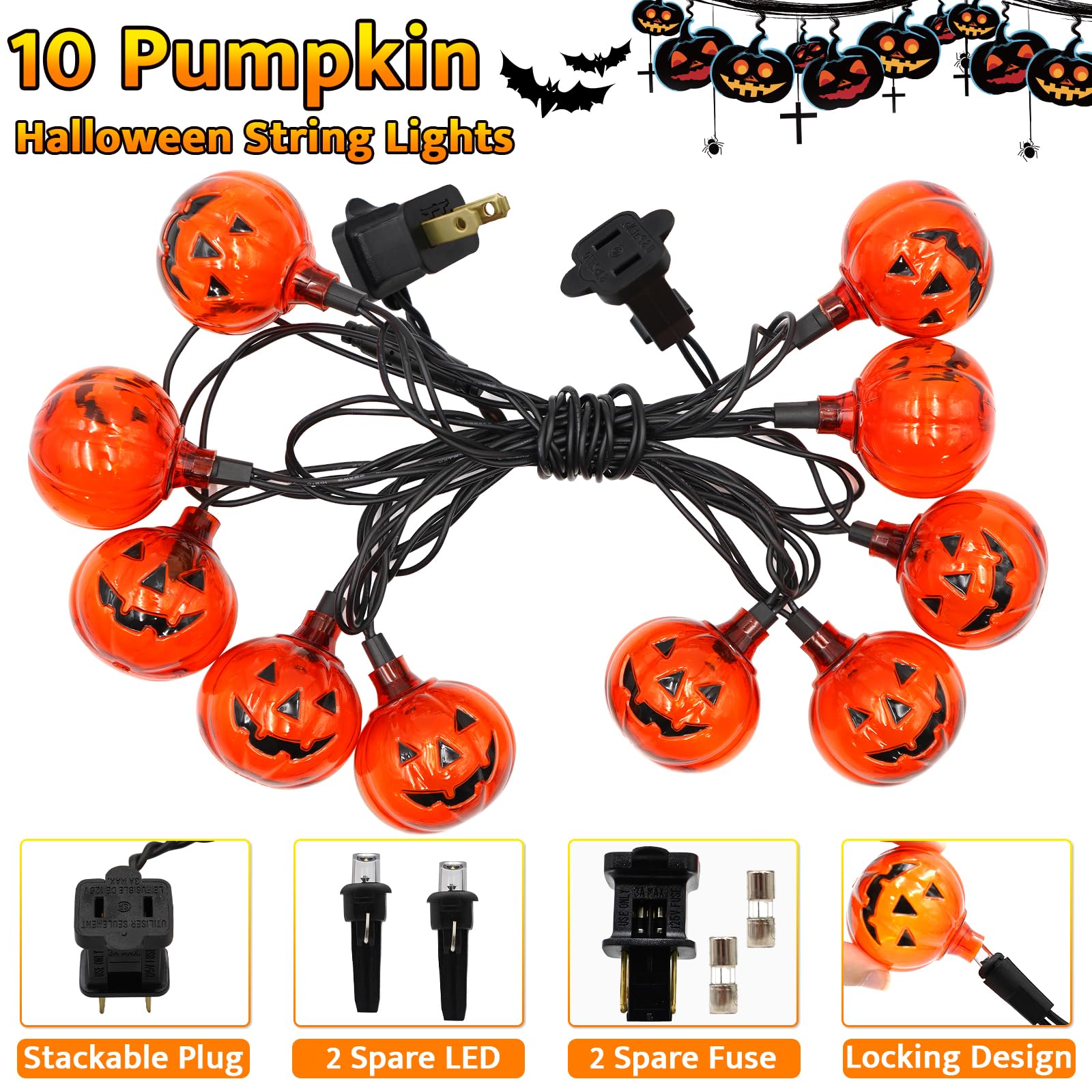 SUNSGNE Halloween Pumpkin LED String Lights, 8.5Ft Waterproof, 10 Jack O Lanterns, Outdoor Indoor, Orange, Model LR-LED-L-10E/1F-D22