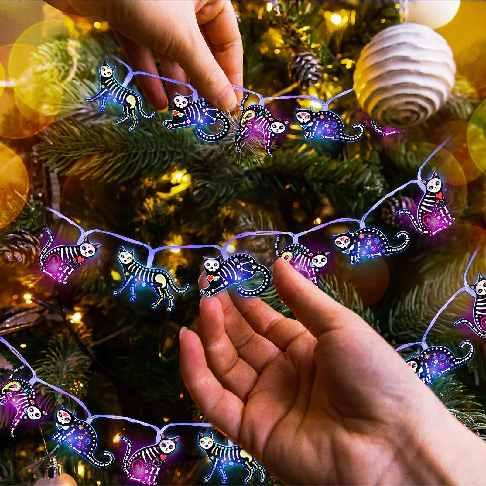 Ganeen Christmas Cat Decorations Christmas Cat Horror Ornaments for Tree 10 ft 20 LED LED Lights Battery Operated