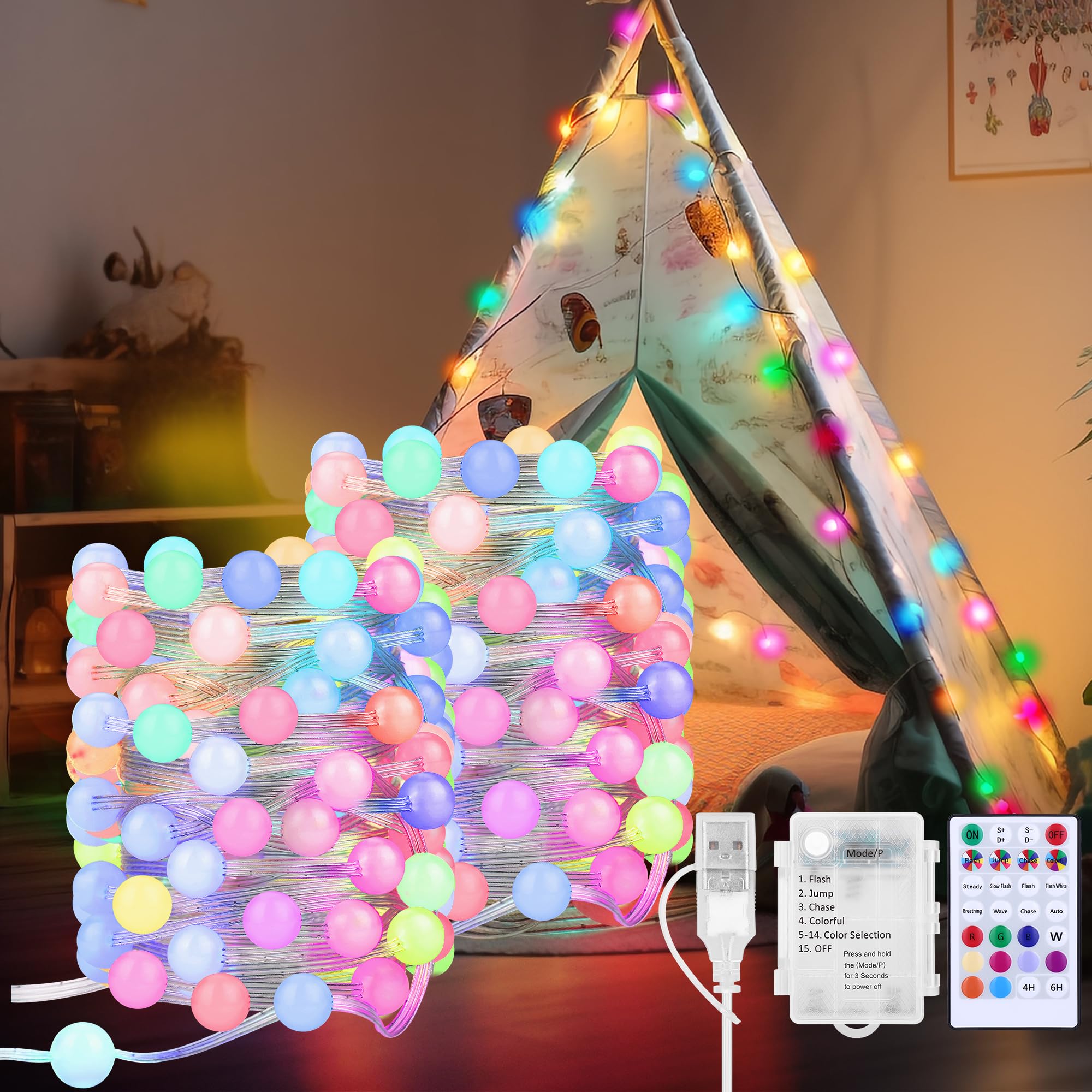 osteplus Fairy Lights 16.5FT Color Changing String Lights, 2-Pack Mini Ball LED, USB/Battery Powered, RGB-Globe, Waterproof for Indoor/Outdoor
