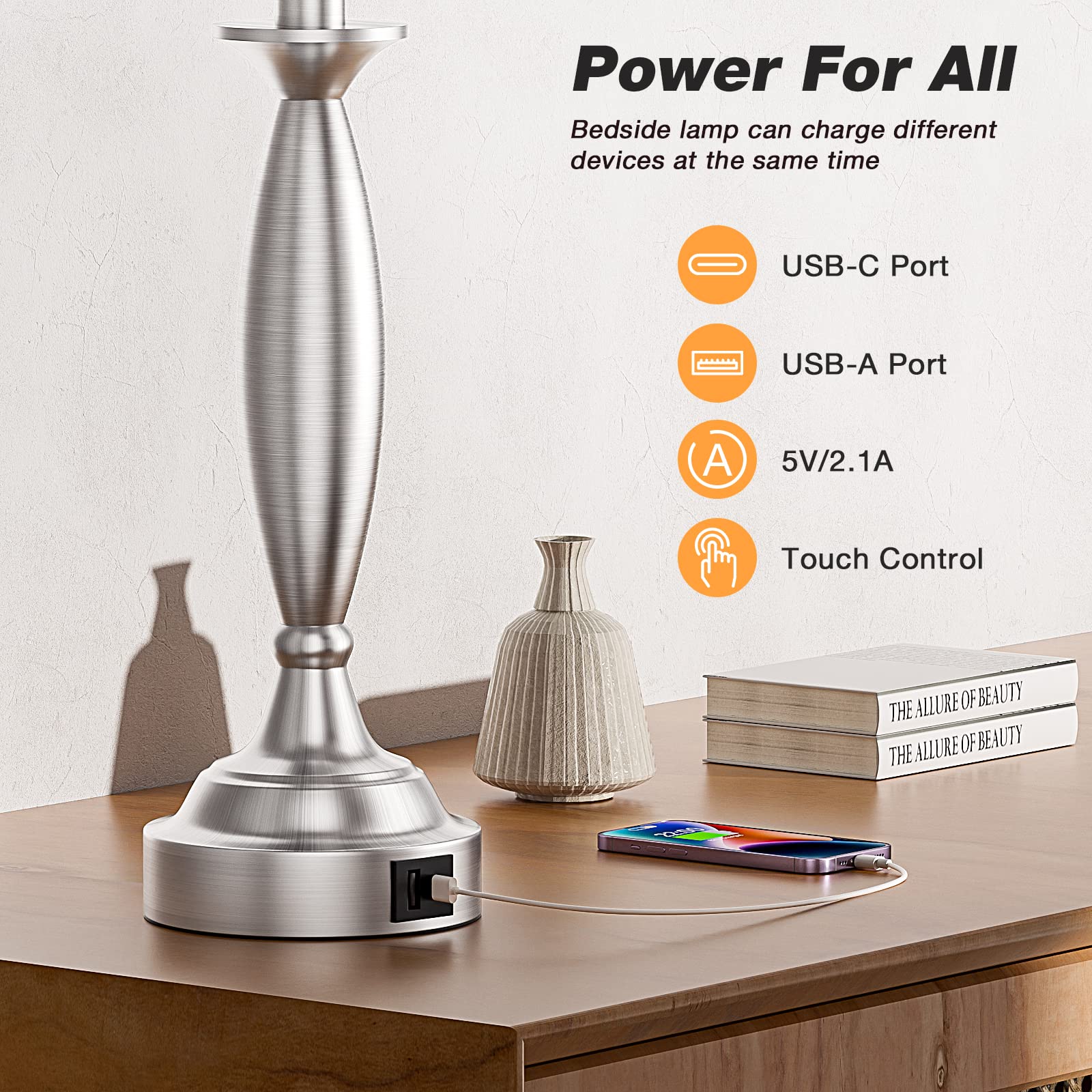 Seealle Touch Control Bedside Lamp - 22.5in Brushed Nickel, 3 Way Dimmable, USB C+A Port, H. Grey Shade, Model jinshuzhu 1
