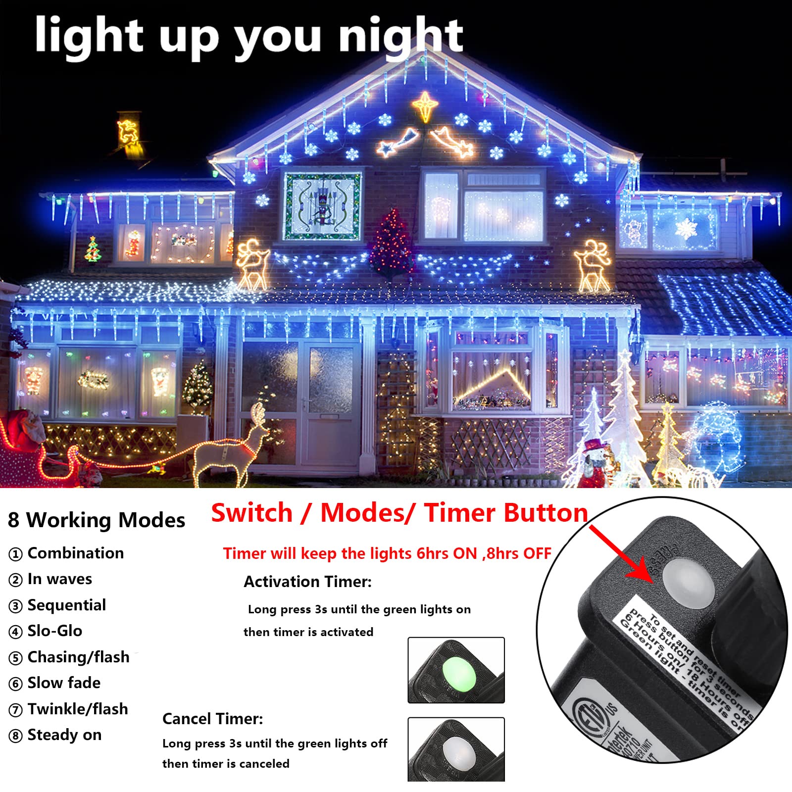 Joomer Blue Icicle Lights, 13FT 90 LED, Waterproof, 8 Modes, Timer Function, Connectable Christmas Decoration
