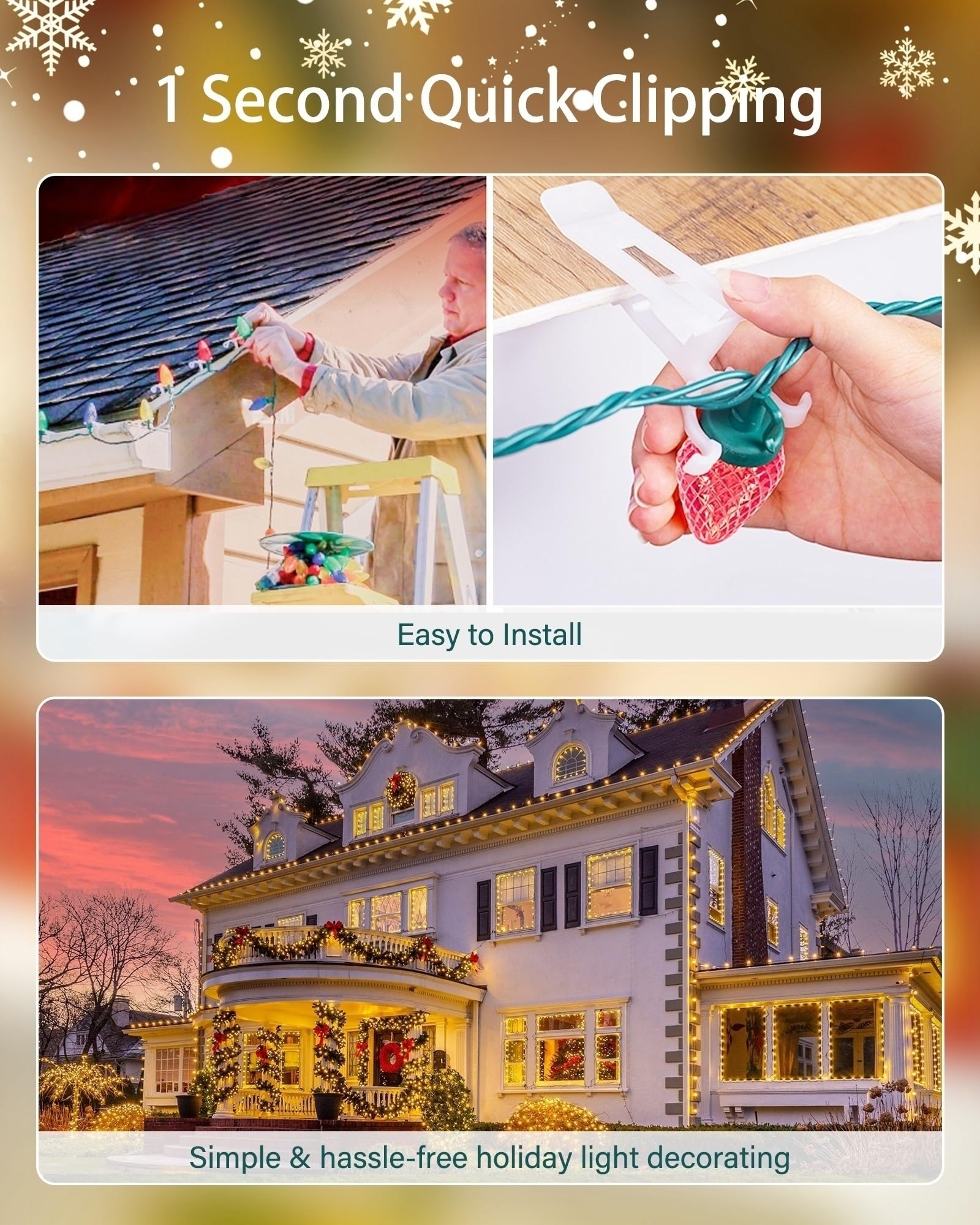 Brightown Universal Christmas Light Clips, All-in-One Gutter & Shingle Clips, 200 Pack, White, Plastic