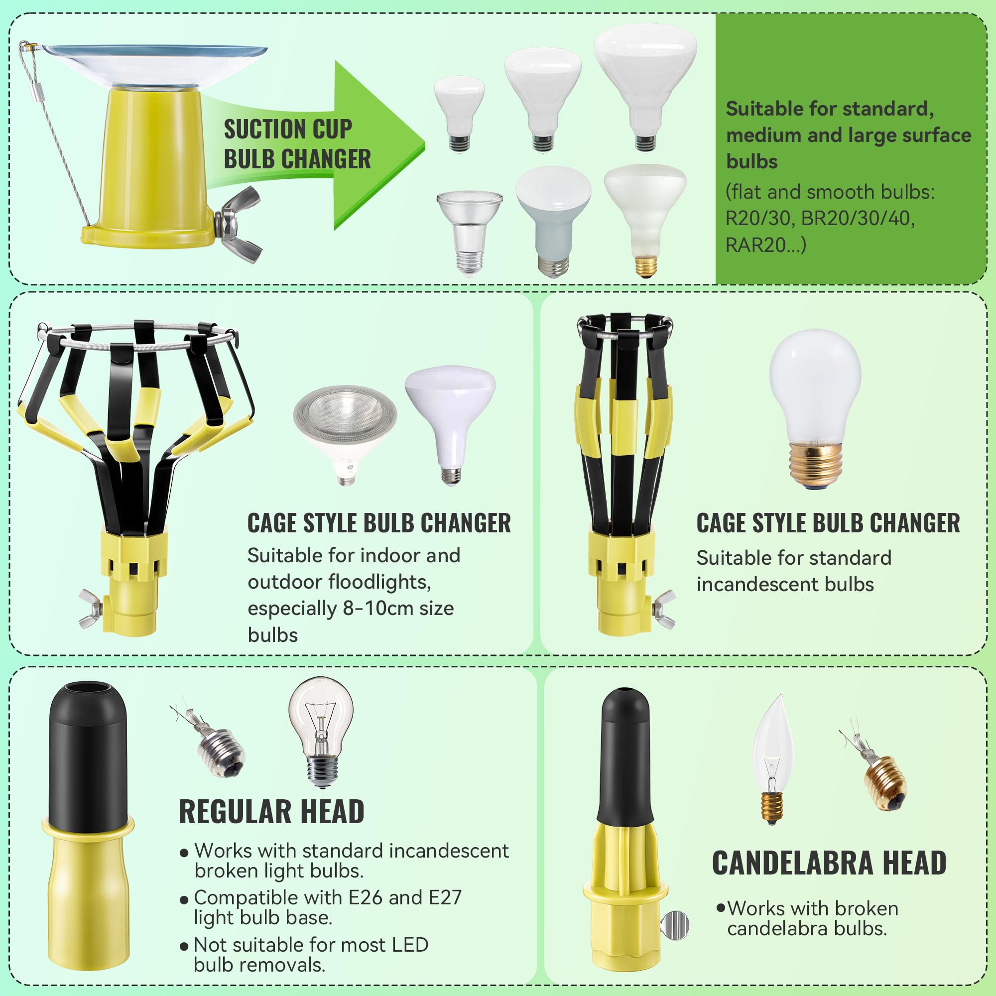 Dreyoo 4 Pieces Set Light Bulb Changer  Suction Cup And Cage Changer For Incandescent  Floodlight  Broken Bulb And Recessed Lights  Compatible With Standard Extension Pole  Pole Not Included (Yellow)