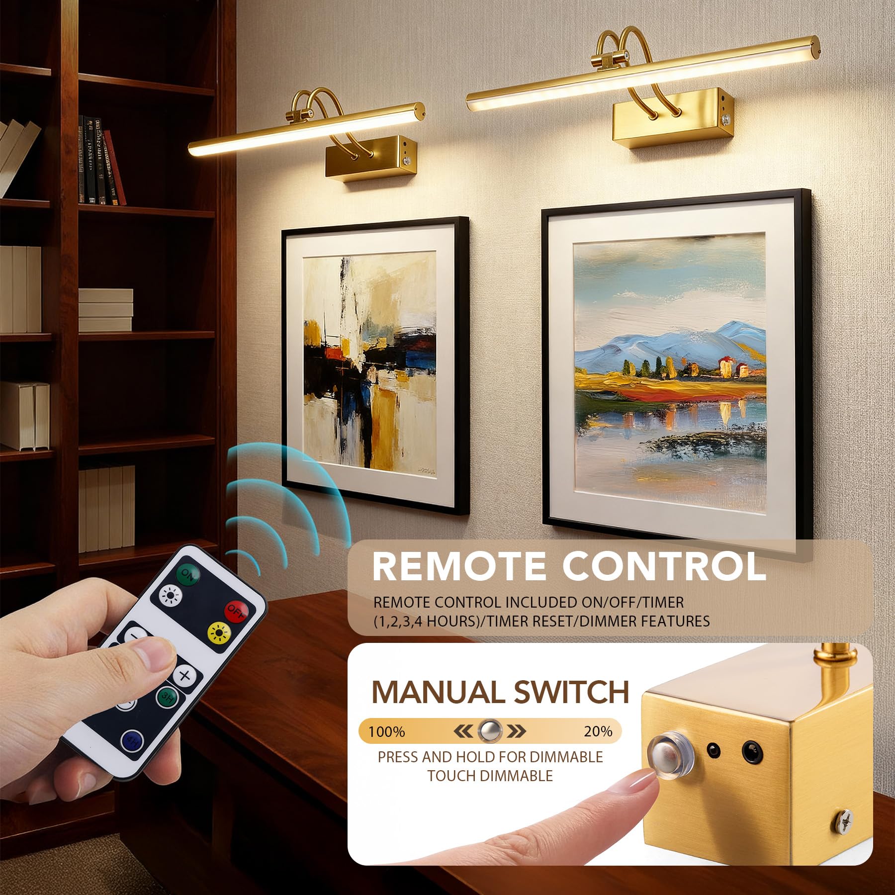 RAIFOOLLY Picture Light, 16in Wireless Wall Lighting, Dimmable Remote Art Light, Brass, Model RF00181