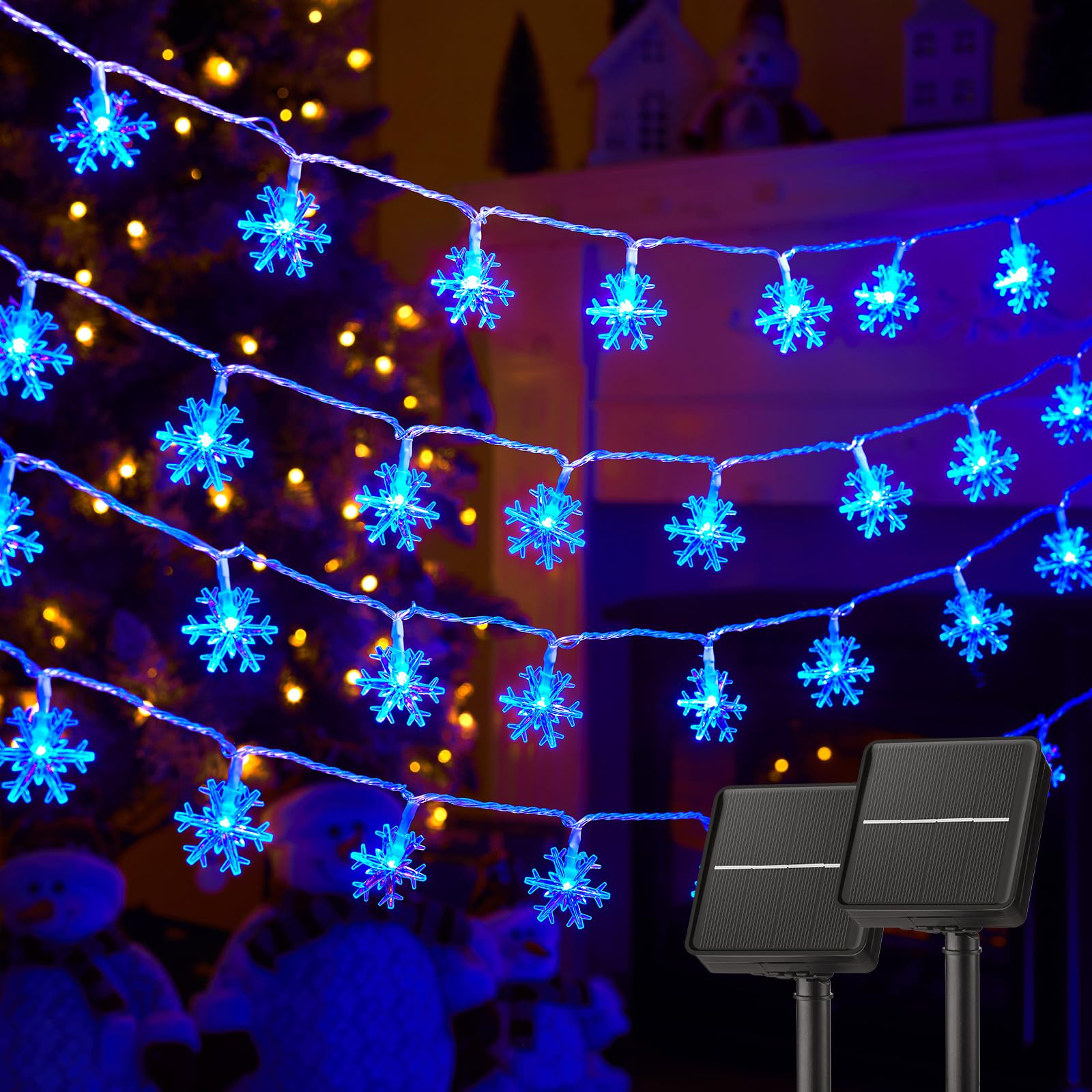 Solar Christmas Snowflake String Lights 2-Pack 100 LED 78FT Outdoor Waterproof Fairy Lights with 8 Lighting Modes for Wedding, P