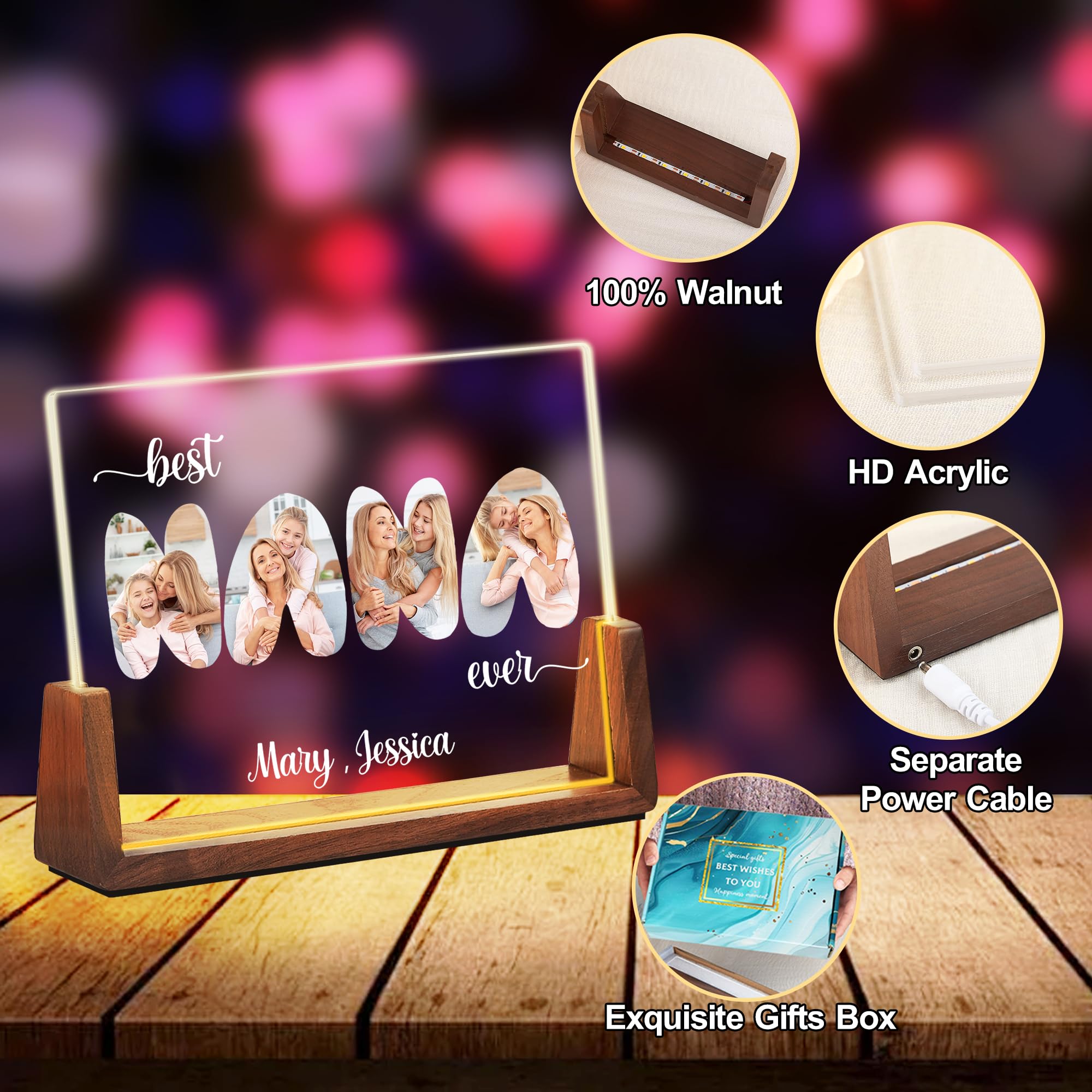 Maiwell Personalized Mothers Day Birthday Gifts For Grandma From Granddaughter Grandson Grandkids  Customized Light Up Photo Frame With Picture Name  Custom Best Nana Ever Christmas Gifts For Women