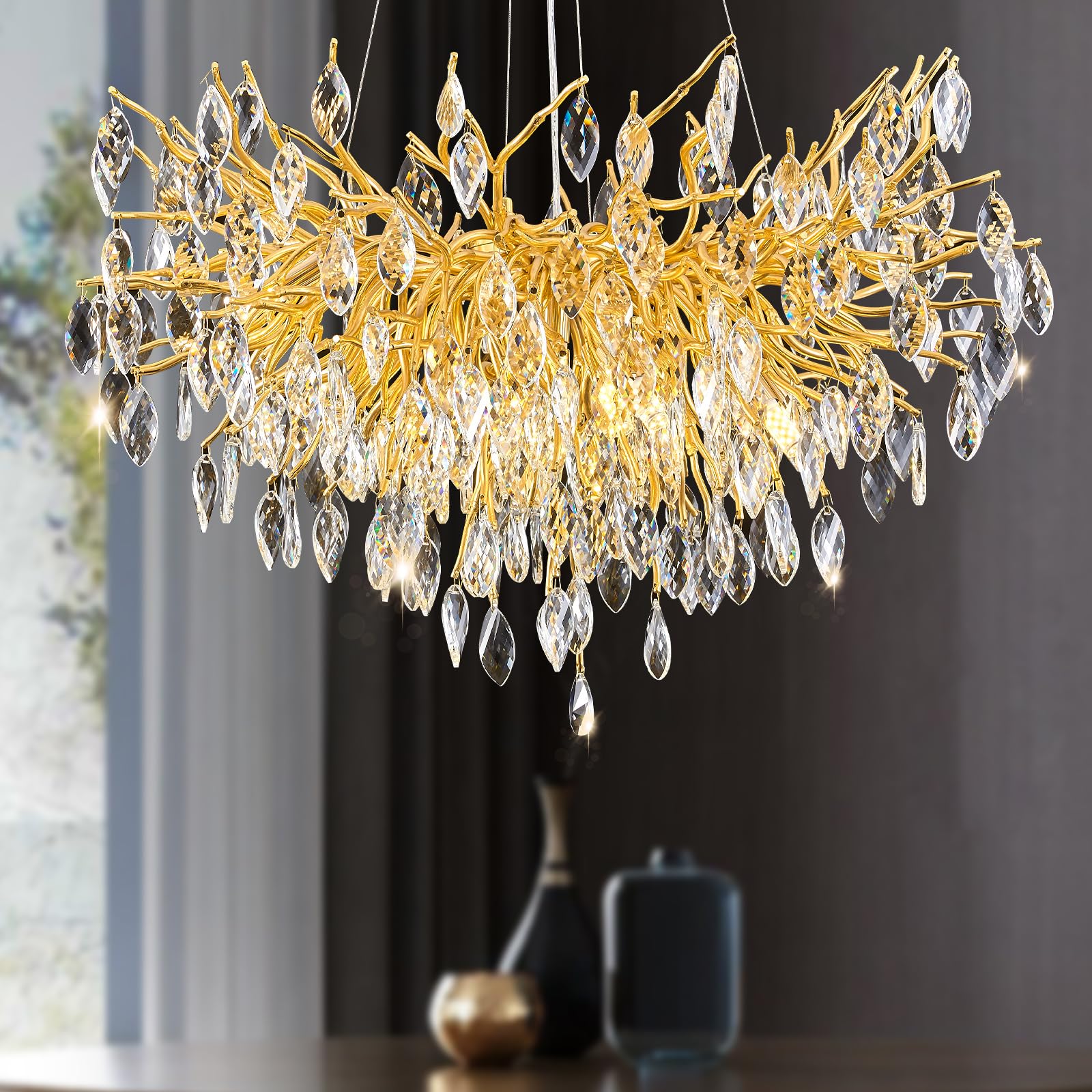 EWIMXSVC Modern Crystal Chandeliers for Dining Room  D31.5 Gold Tree Branch Chandelier Kitchen Island 10 Lights Round Chandelier Living Room Foyer Chandeliers for High Ceilings  Height Adjustable