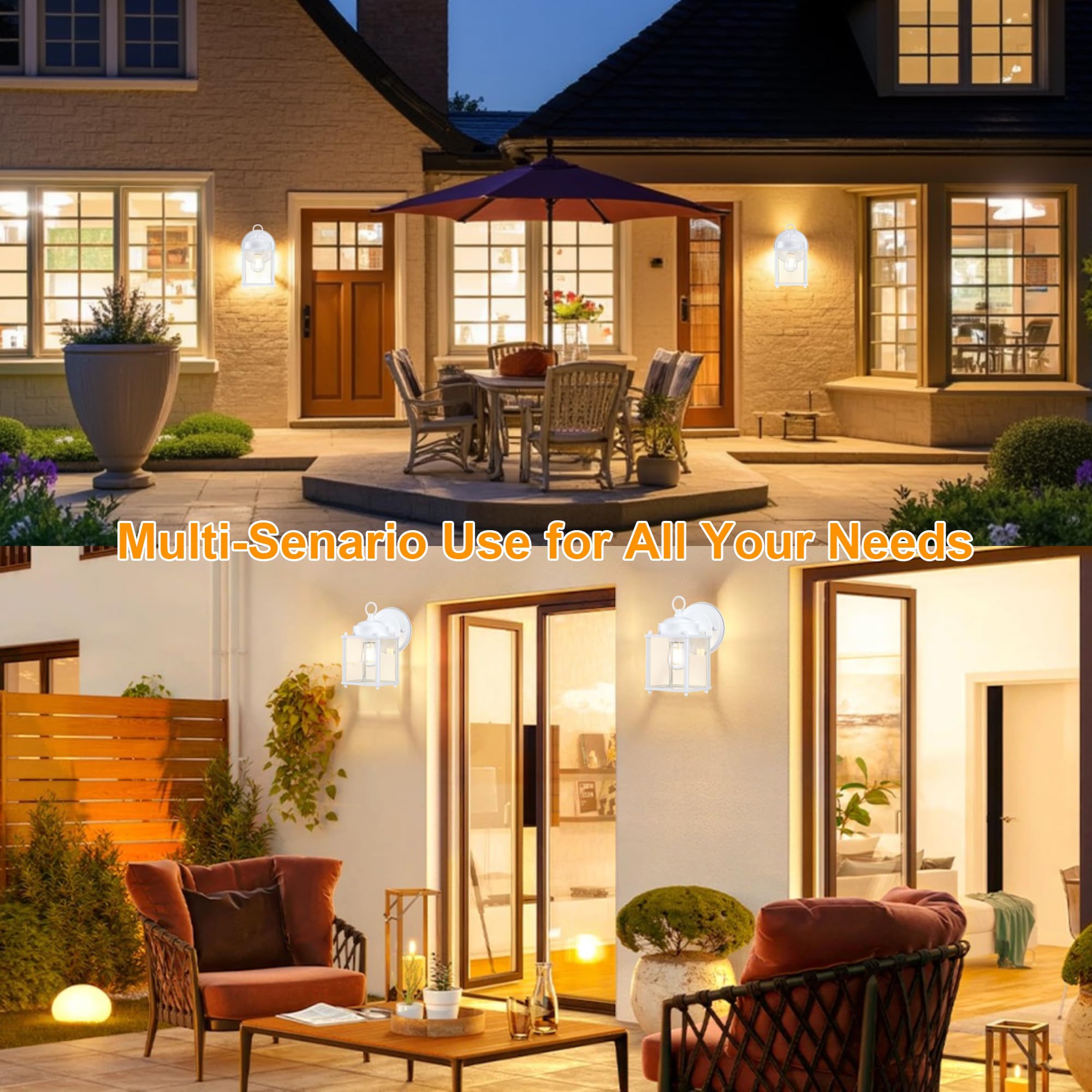 Gruenlich Outdoor Wall Sconce  Exterior Wall Lighting Fixtures With Clear Glass  Front Porch Lighting  Anti-Rust Outside Lights For Patio  Doorway  White  2 Pack