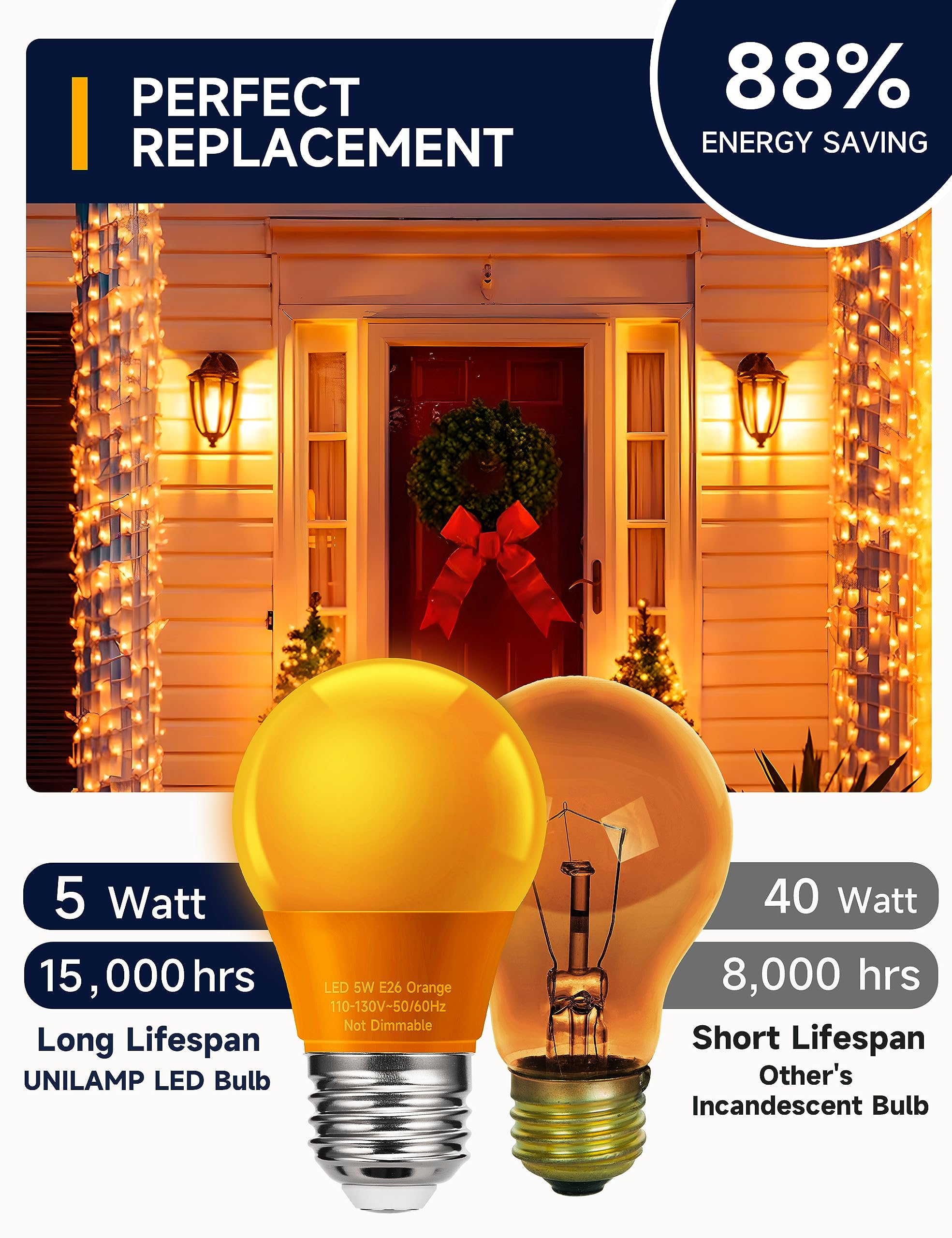 UNILAMP A15 Orange LED Light Bulbs for Halloween Decoration, Colored Light Bulb for Halloween Home Decor, 5W Equivalent 40 Watt,
