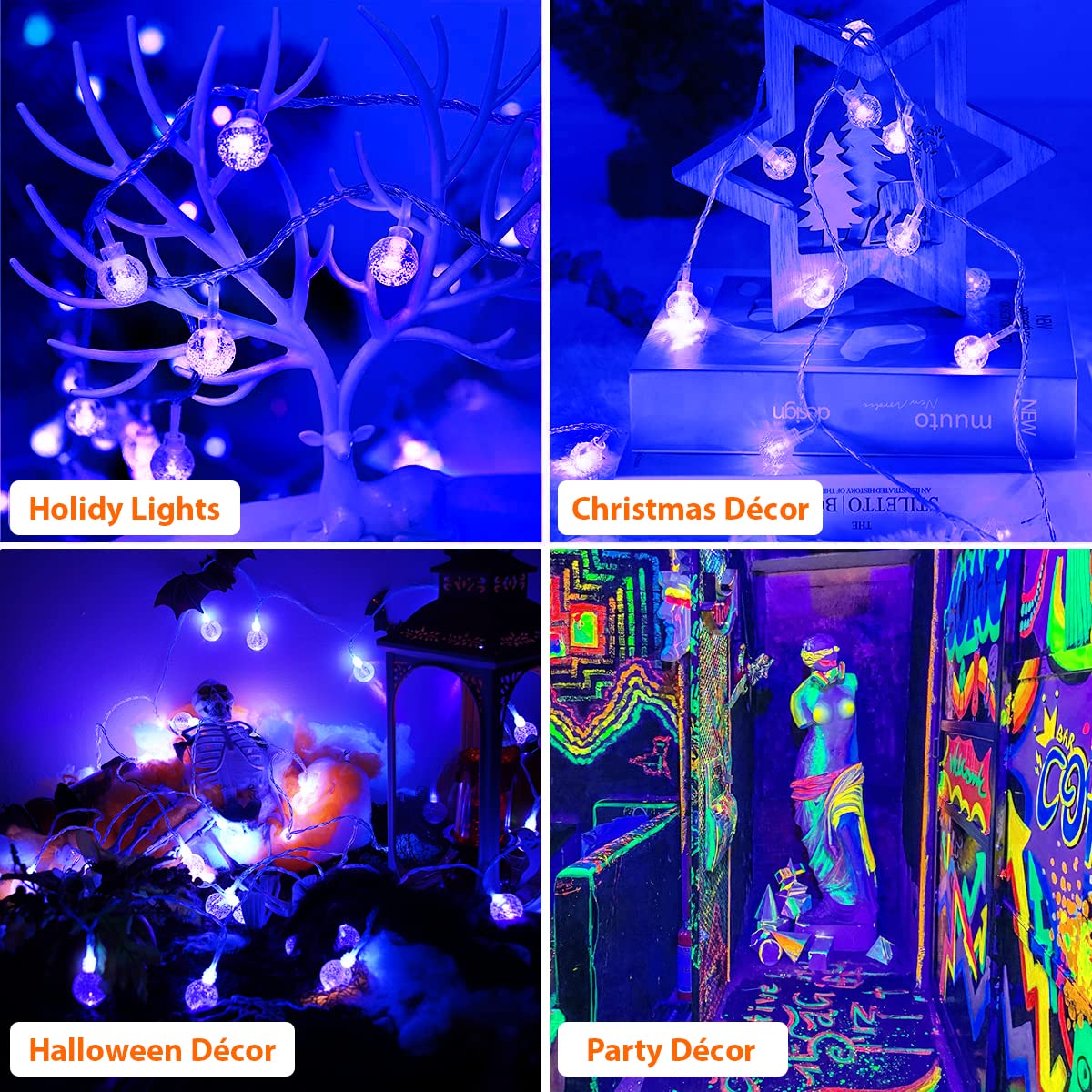 OMIKA 15FT UV Black Light String Lights, 30 LED Twinkle Fairy Lights with Remote, Model BG-UV-BO-4, Plastic & Copper Wires