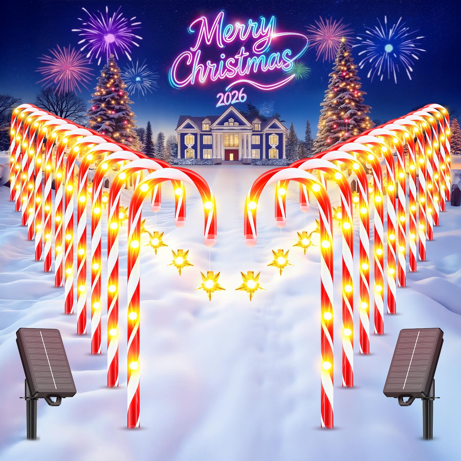 WdtPro Solar Christmas Candy Cane Lights 24-Pack, 10 Modes, Warm, 20in, Waterproof, Model SZ-C002 for Outdoor Yard Decor