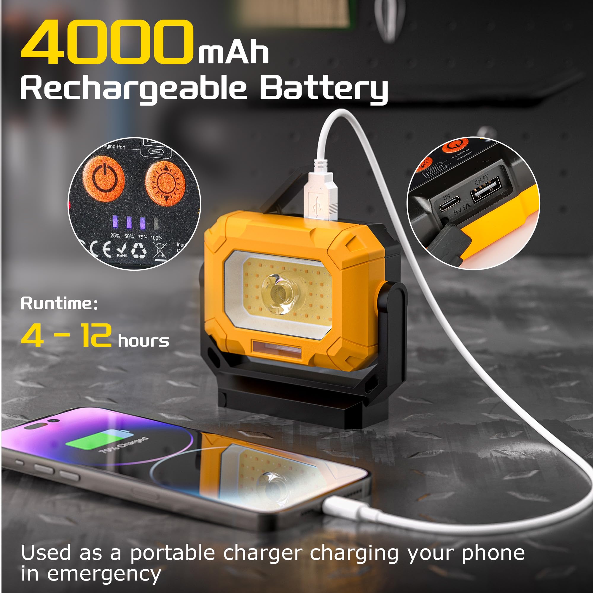 Keadeso 2Pack Magnetic Work Light, 1500Lm Led Work Light, 4000Mah Rechargeable Work Light With 360°Rotating Magnetic Stand & Hook, 15 Modes, Magnetic Flashlight For Car Repairing/Emergency/Camping