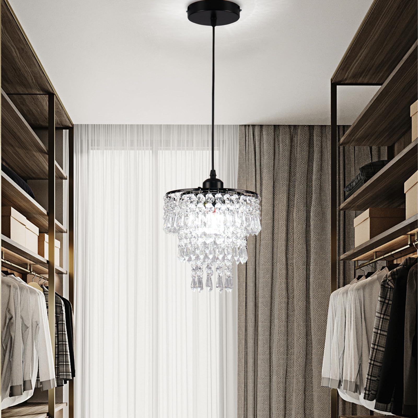 Frixchur Black Crystal Chandelier Pendant Light, Small Semi Flush Mount For Hallway & Bedroom