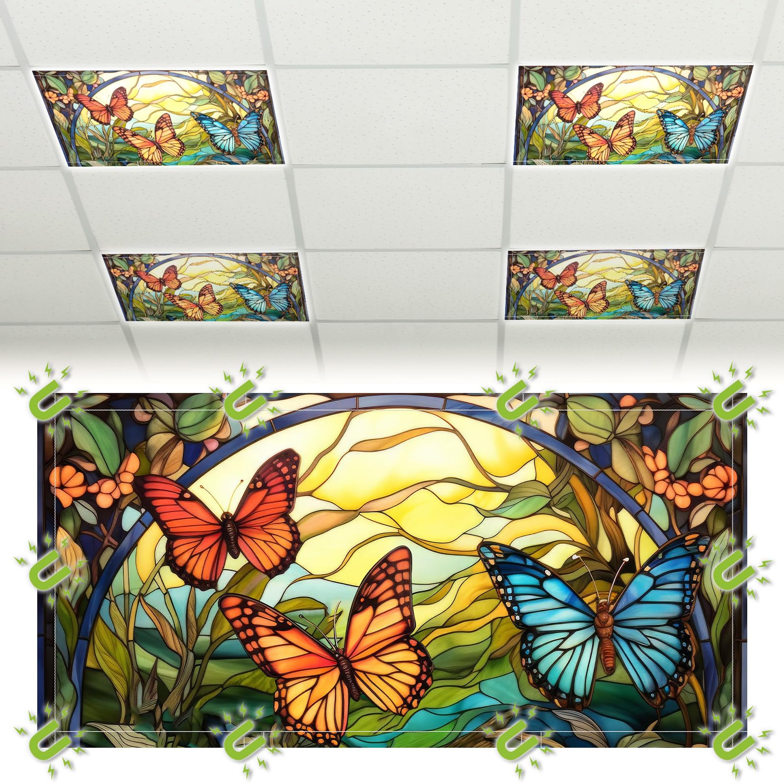 Glooglitter 4 Pcs Butterfly Fluorescent Light Covers 4 x 2 ft Stained Glass Magnetic Office Light Cover for Ceiling with 10 Magn