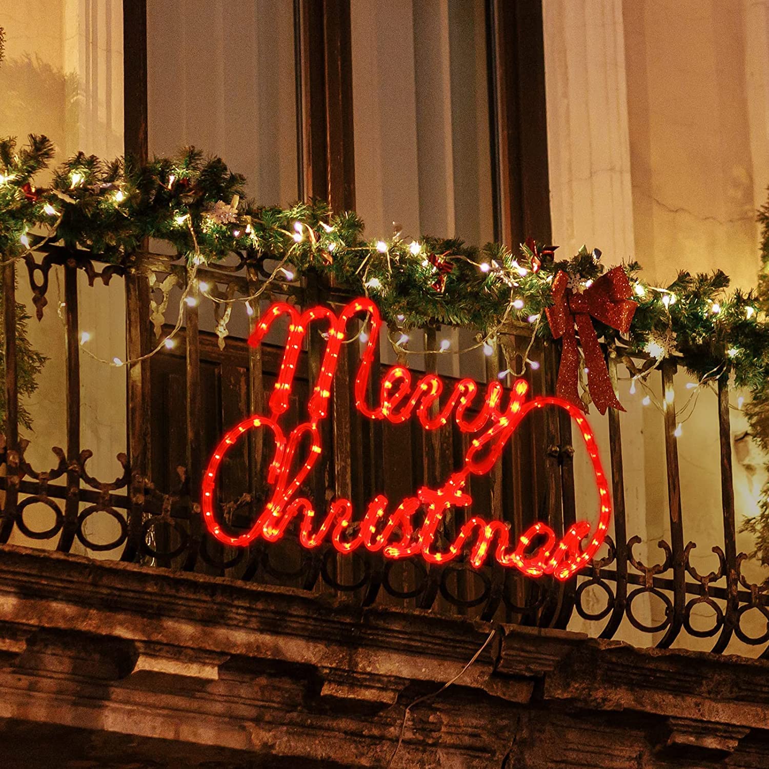 LAMPHOME [Large 24''x13.5'' 180 LED Merry Christmas Neon Motif Super-Bright Red LEDs Outdoor Christmas Decoration with UL Standa