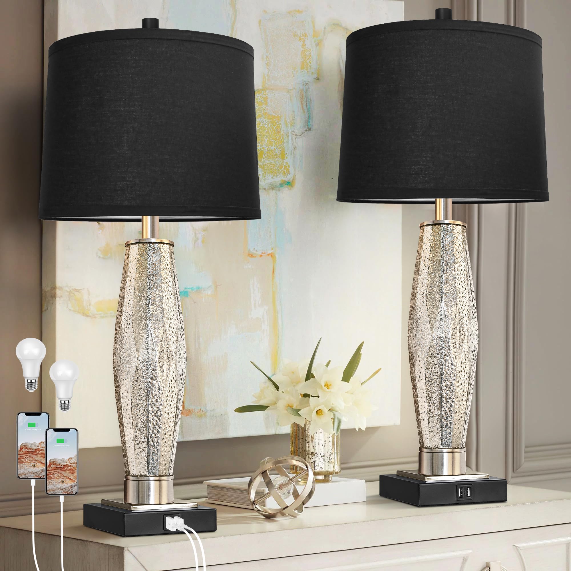 QiMH Table Lamps Set of 2, Bedroom Lamp with USB Charging Ports, Modern Glass Beside Lamps for Living Room Rotary Switches, Blac