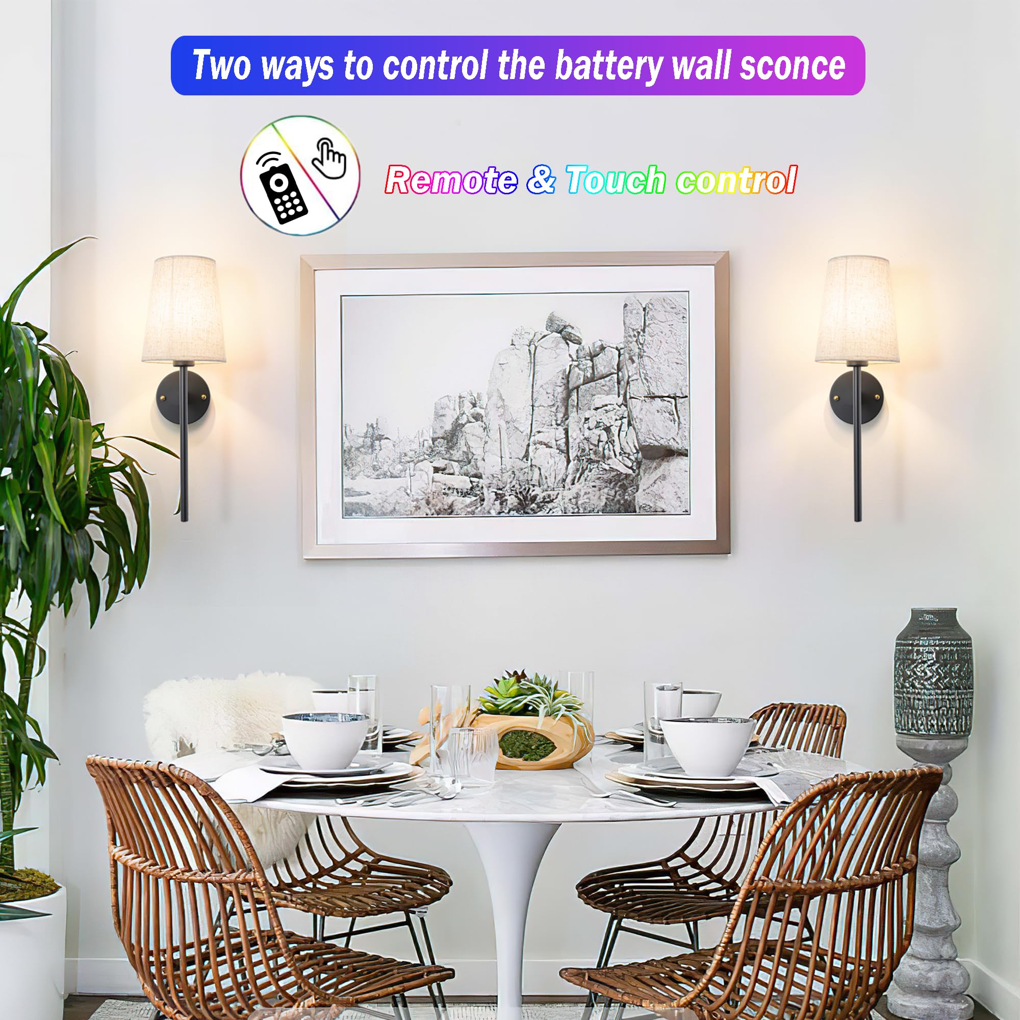 Nekhung Battery Operated Wall Sconces Set Of 2, Wireless Wall Sconce With Remote, Battery Operated Wall Lights Fabric Shade, 50