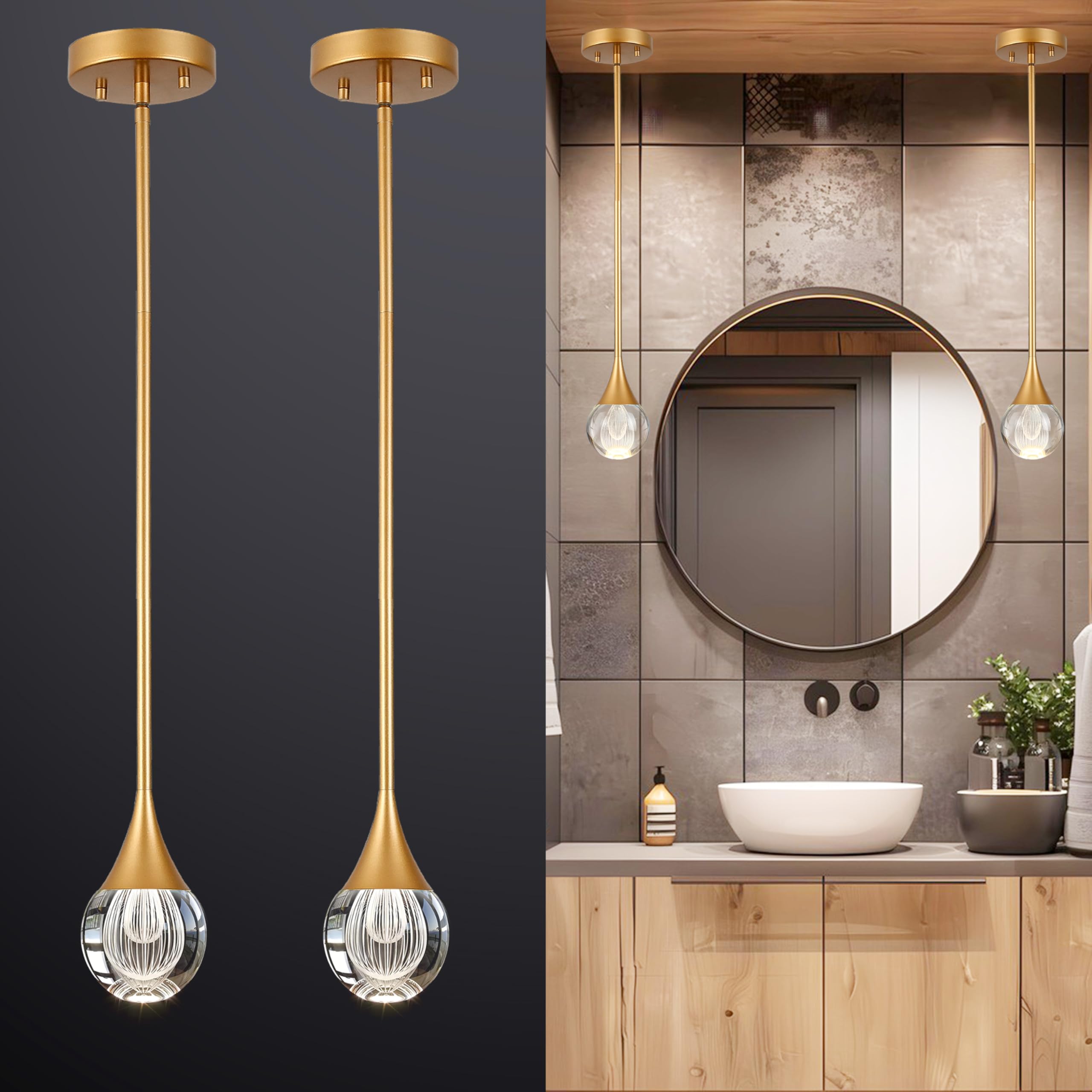 EANLOLY 2-Pendant Lights Kitchen Island, Brass Gold Globe Crystal Ceiling Hanging Light Fxitures, LED Light Fixtures Metal Rod C