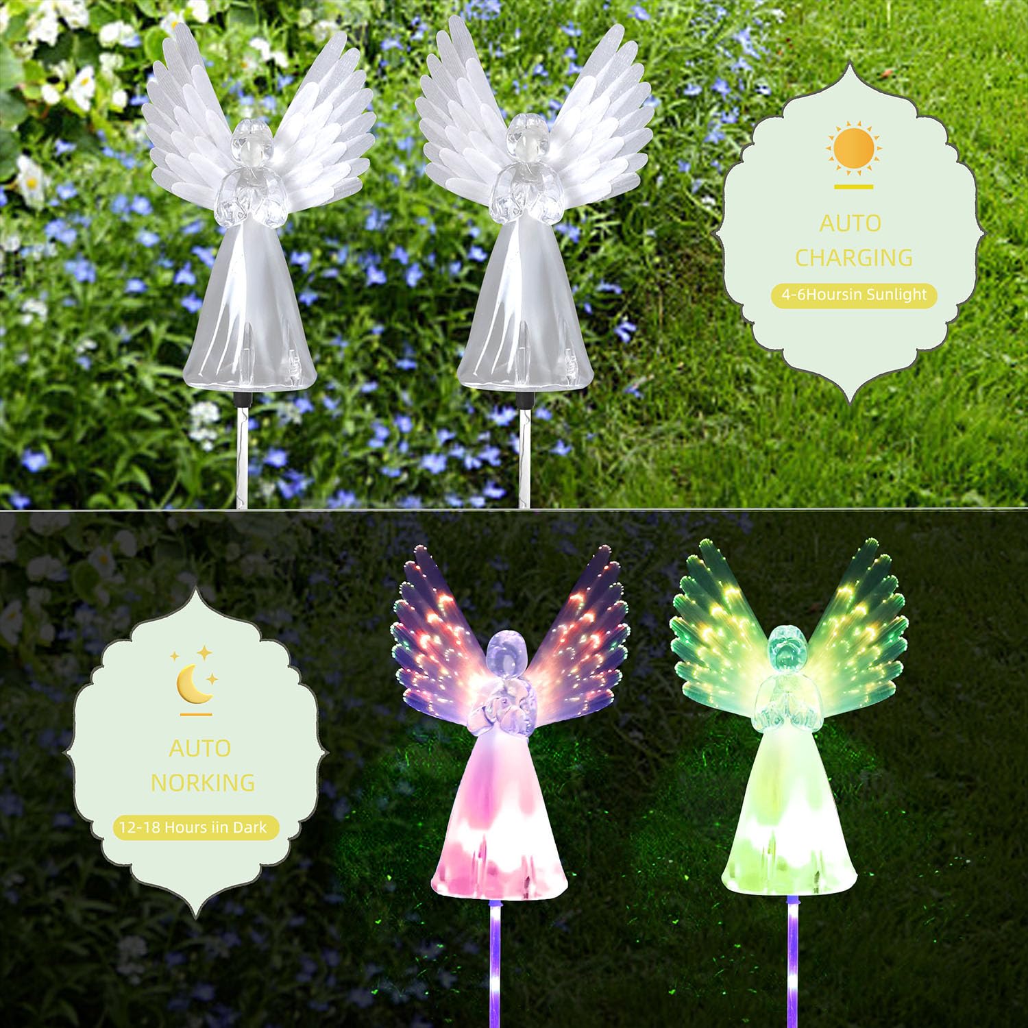 2 Pack Solar Angel Lights, Solar Powered Garden Stake Lights, Multi-Color Changing Angel Decorative Lights For Cemetery Grave Yard Patio Outdoor Decoration Memorial Gifts
