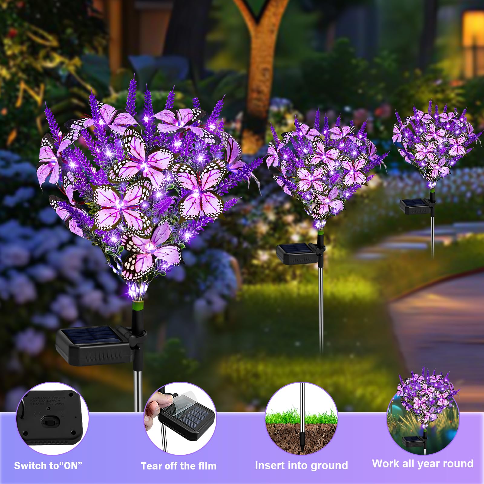 Solar Garden Lights, Solar Lavender Butterfly Lights, Solar Flower Lights Outdoor Waterproof Decoration, Gardening Gifts For Women, Yard Patio Pathway Lawn Courtyard Decoration (4Pack Warm White)
