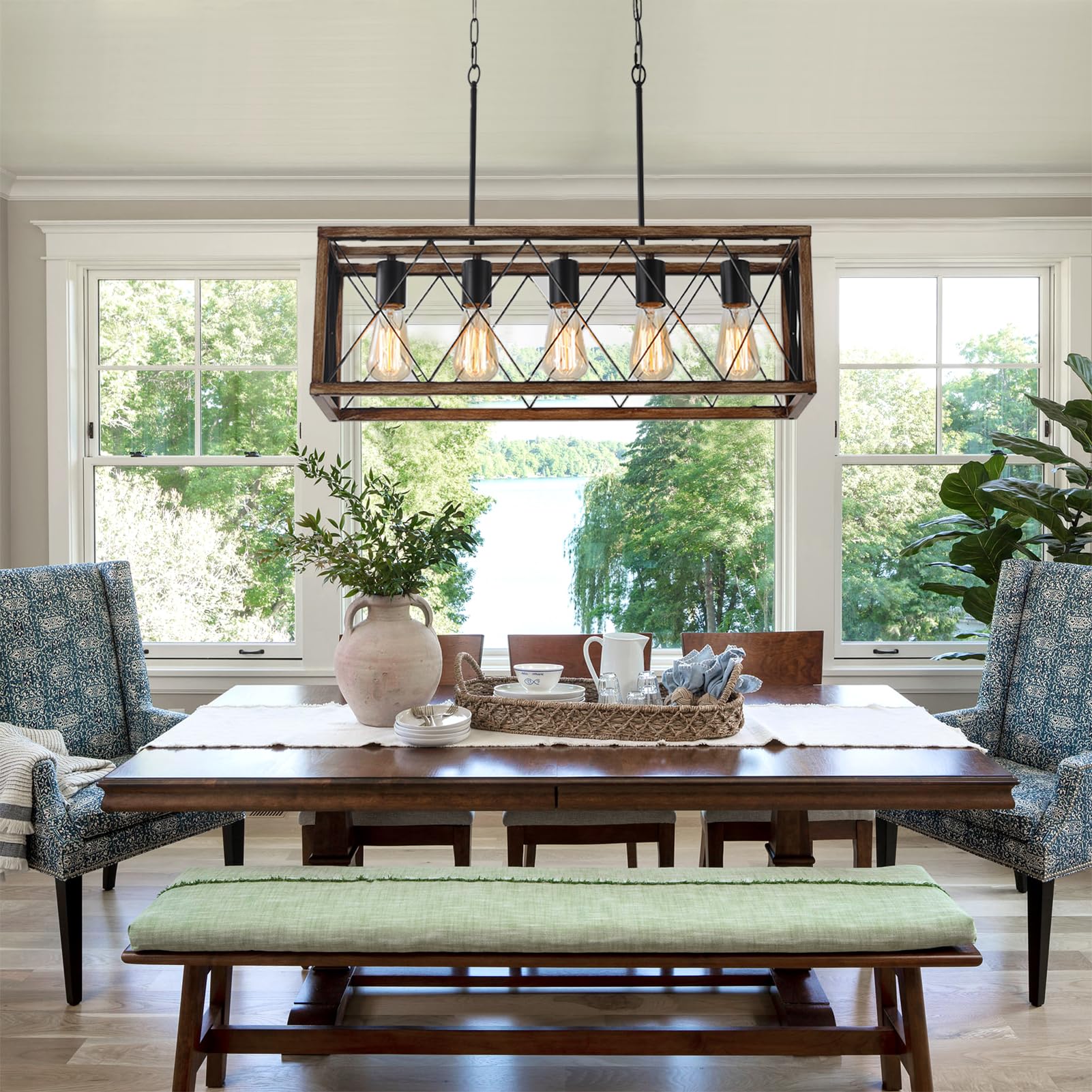 Keesfu 5-Light Dining Room Light Fixture, Farmhouse Kitchen Island Lighting,Adjustable Height Pendant Light, Rustic Linear Chandelier For Kitchen, Dining Room Table, Pool Table. (Wood Grain Color)