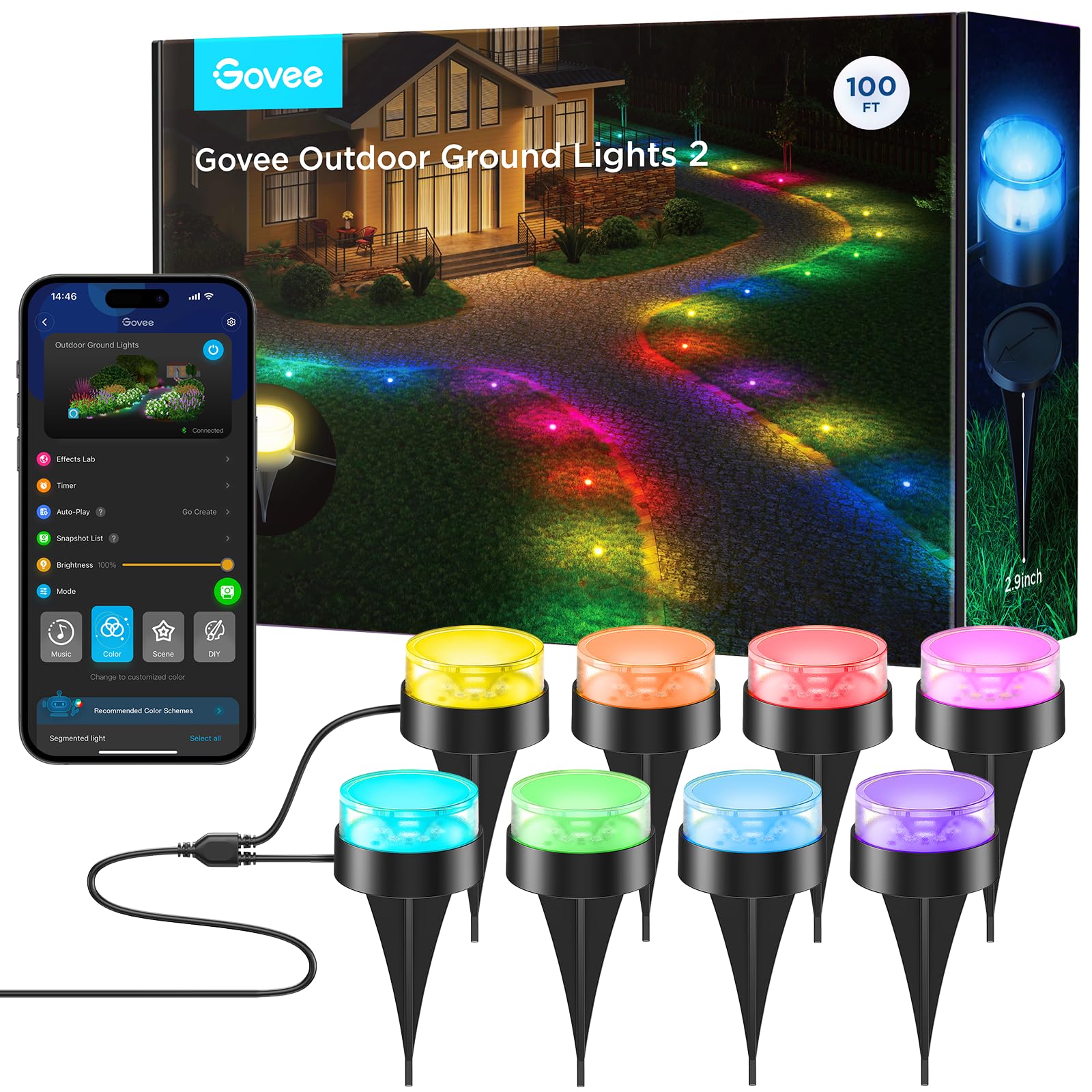 Govee Outdoor Ground Lights, 30 Pack RGBIC Pathway Lights, 100ft, IP67 Waterproof, Black, Model H7053
