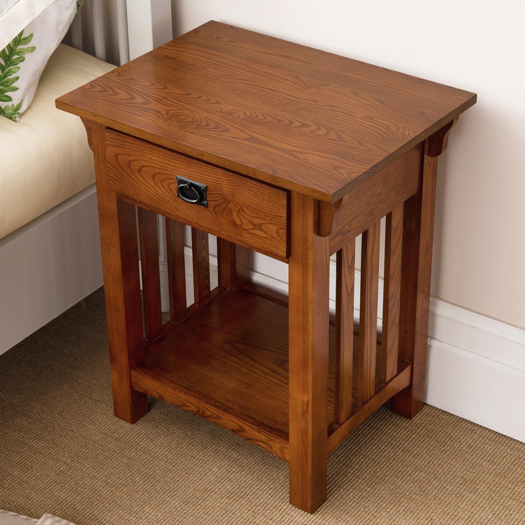 Leick Home 8222 Mission Impeccable End Table With Drawer, Made With Solid Wood, Side Table For Living Room, Bedroom, Medium Oak