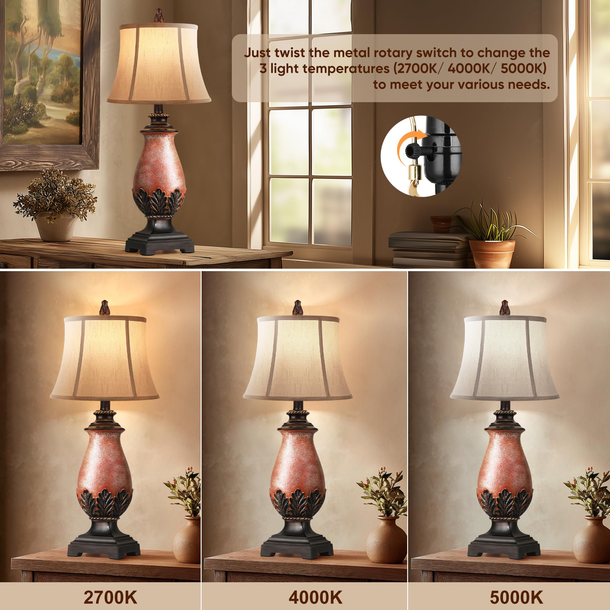 Hamucd Rustic Table Lamps Set of 2, 29" Dimmable Light Brown Resin for Living Room & Bedroom Retro Decor, Model STR-DL-0193