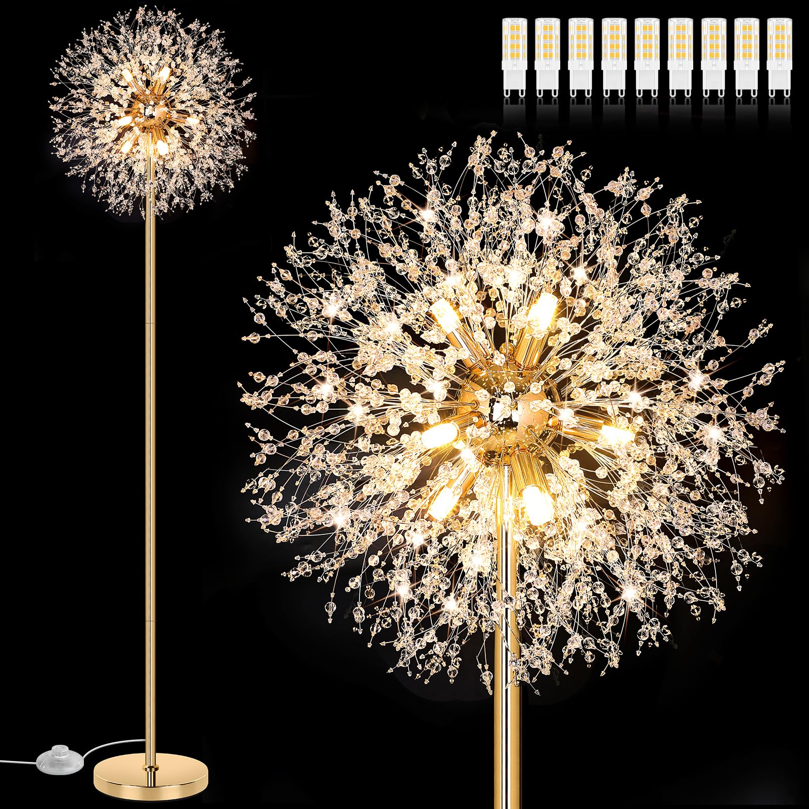 Beslowe 69'' Crystal Floor Lamp, Modern Gold Standing Light With 738 K9 Crystals & 9 Led Bulbs