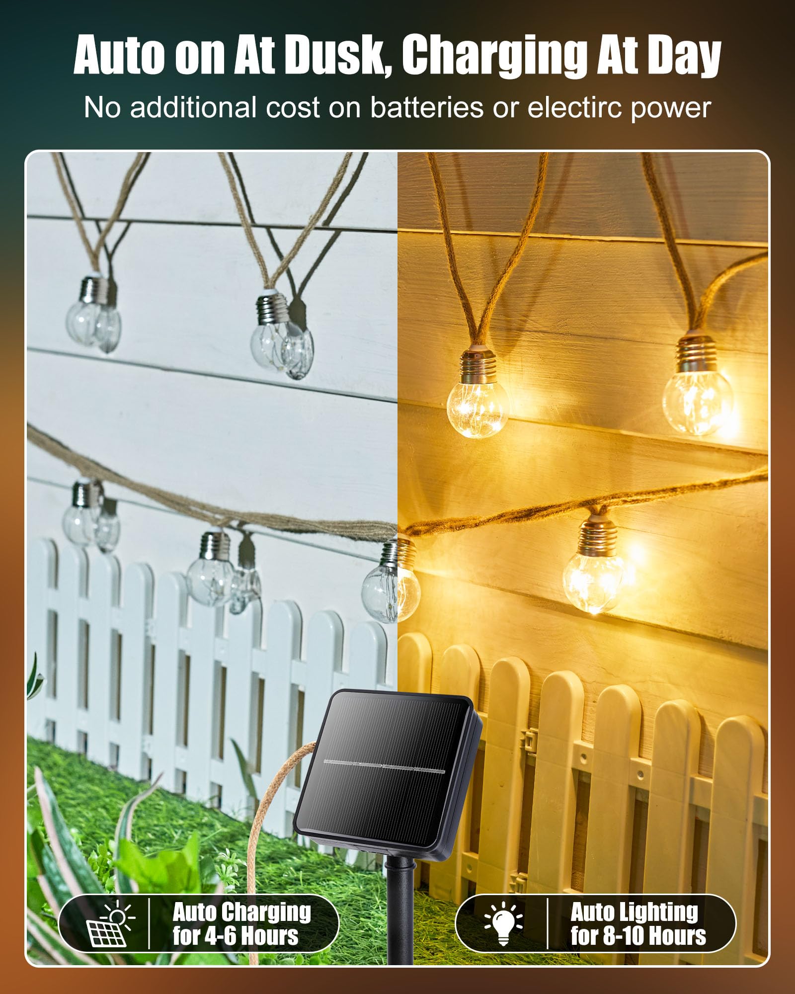 Brightown Solar String Lights Outdoor, 30Ft Vintage Hemp Rope Solar Patio Lights With 15 Shatterproof Bulbs, 8 Light Modes Water