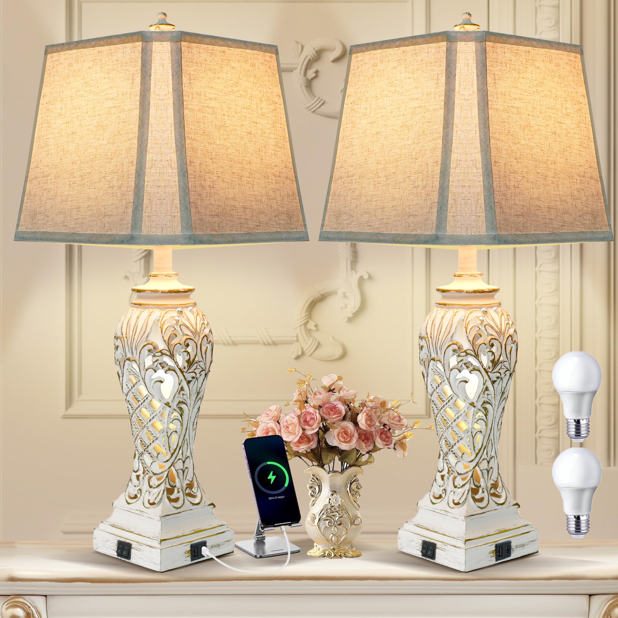Ikopyal Set Of 2 Table Lamps For Bedroom Living Room, Bedside Lamp With Fabric Shades, 29'' Tall Coastal Nautical Lamp With Usb And Nightlight