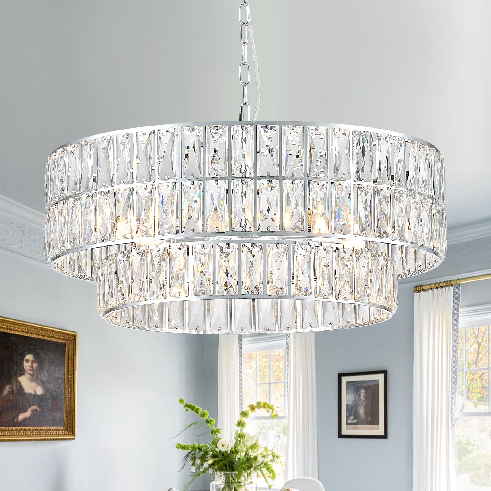 24 Elegant Chrome Crystal Chandelier 8-Lights Modern Semi Flush Mount Ceiling Light Fixtures Round Crystal Pendant Chandeliers for Living Room Dining Room Kitchen Foyer Bedroom