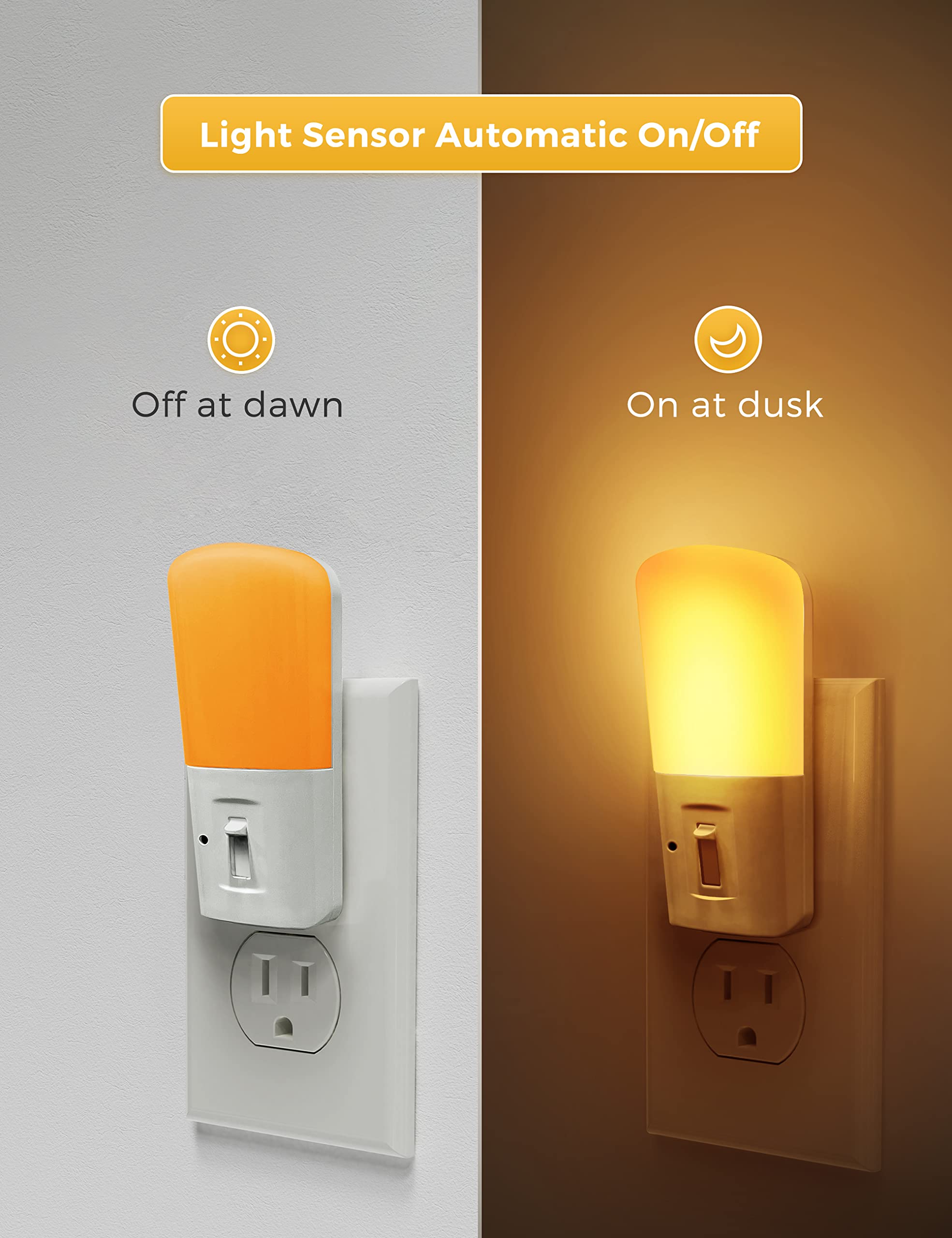 L LOHAS LED Amber Dimmable Night Light with Dusk to Dawn Sensor, Yellow, 5-80LM, 2-Pack for Kids Bedroom, Nursery, Hallway, Bathroom