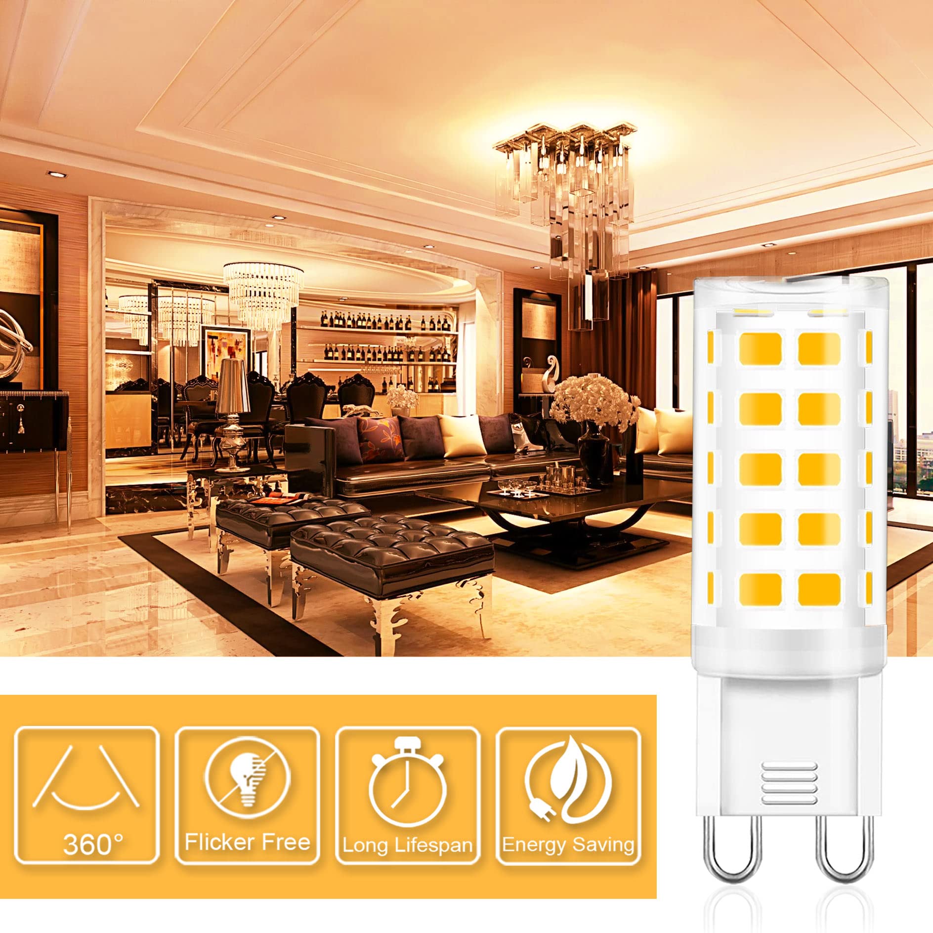 Golspark G9 Led Bulbs, 4W Chandelier Light Bulbs (40W Halogen Equivalent),3000K Soft White, G9 Bi Pin Base,Non-Dimmable,360 Degr
