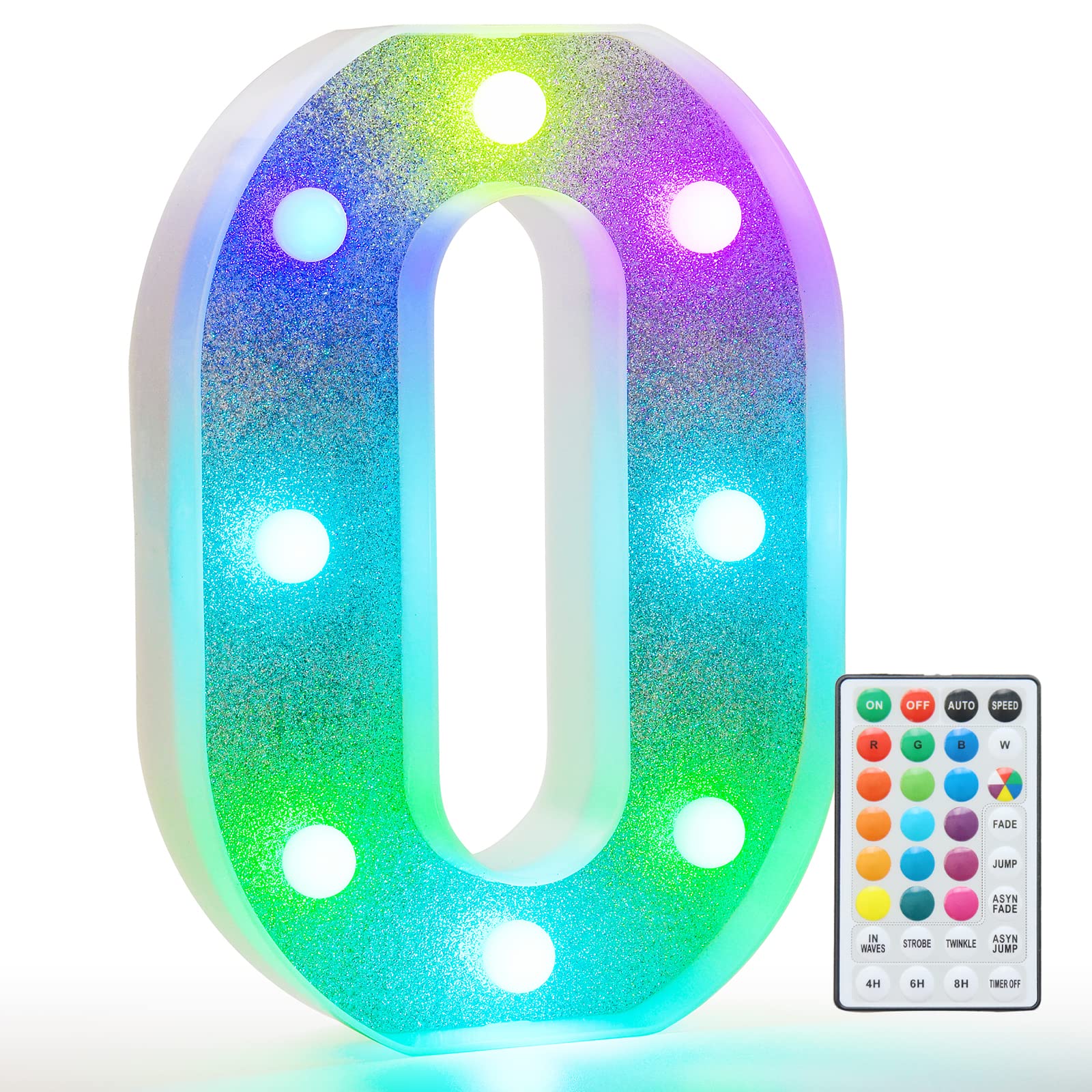 Pooqla Colorful Marquee Number Light with Remote, RGB LED, Battery Powered, for Parties and Decorations, Number 0