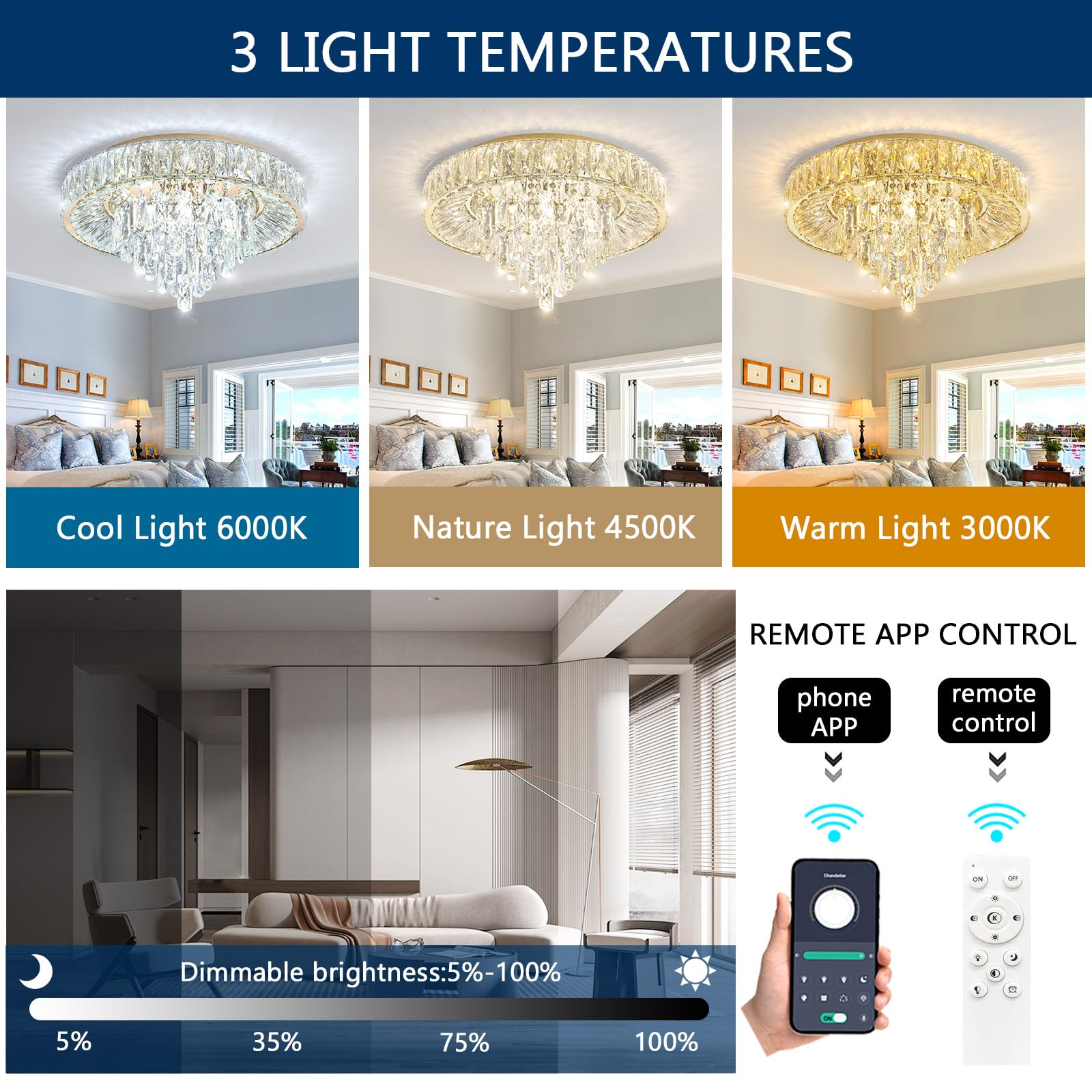dolria Modern Crystal Chandelier LED Flush Mount Light Fixture 19.7" Gold, Dimmable with Remote for Dining Room, Living Room, Bedroom