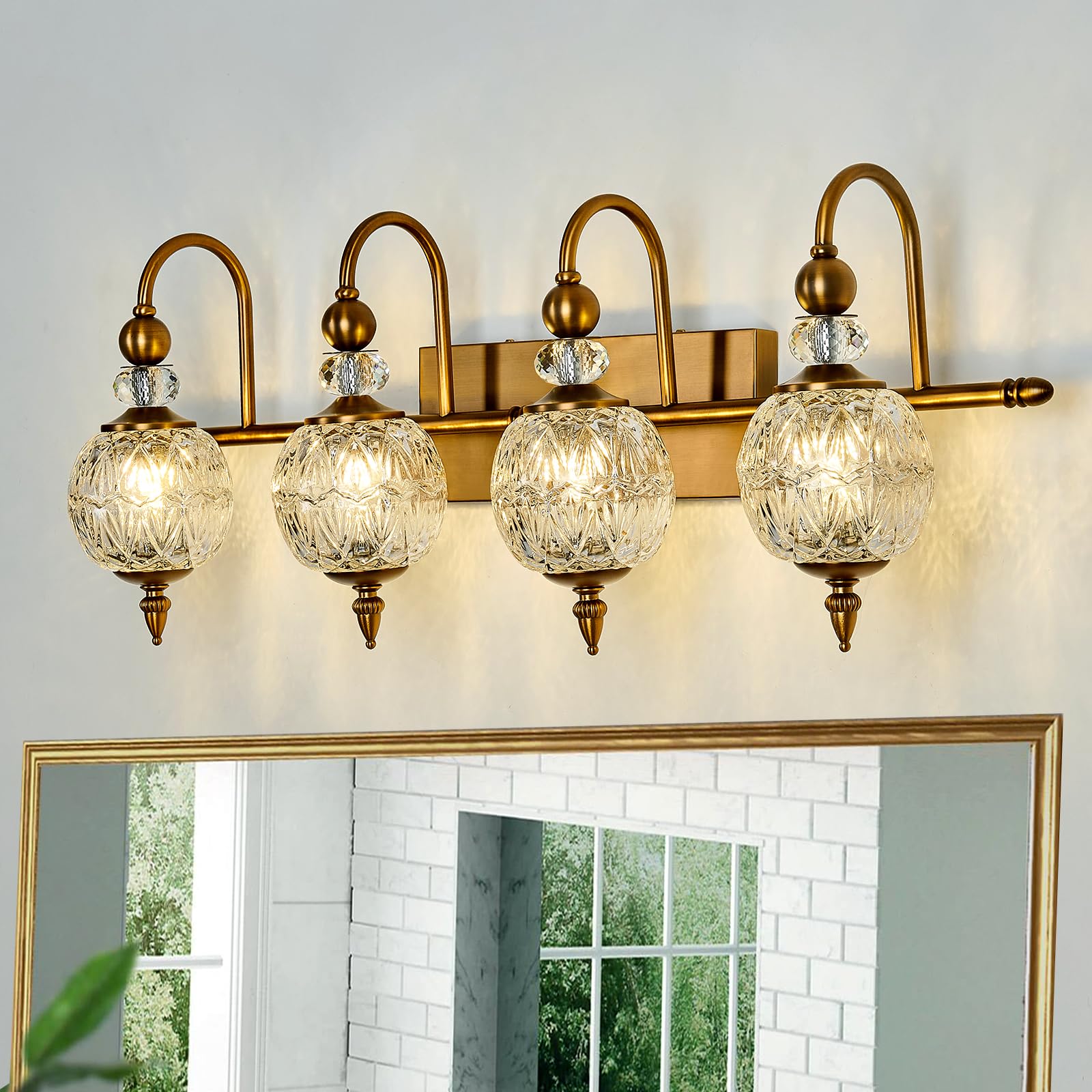 Piepooye Vintage Bathroom Light Fixtures - 4 Light Gold Vanity Sconce with Glass Globe, Brushed Brass, Model R-3033, Ideal for Indoor Use