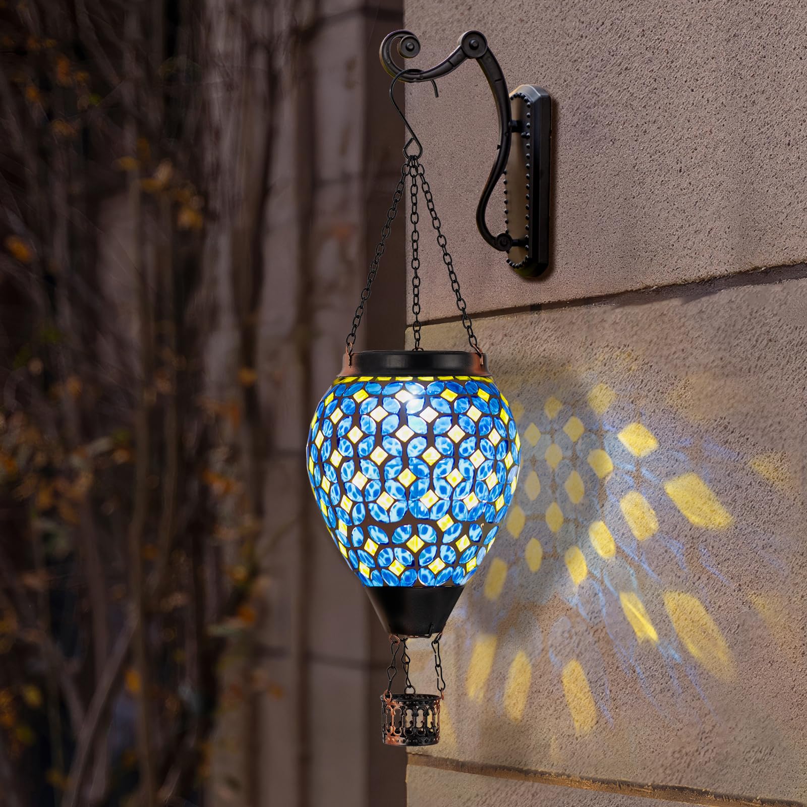 DREAMSKIP Mosaic Hot Air Balloon Solar Lantern, Waterproof Glass, Blue, Model 49120505, Flickering Flame, Outdoor Garden Gift
