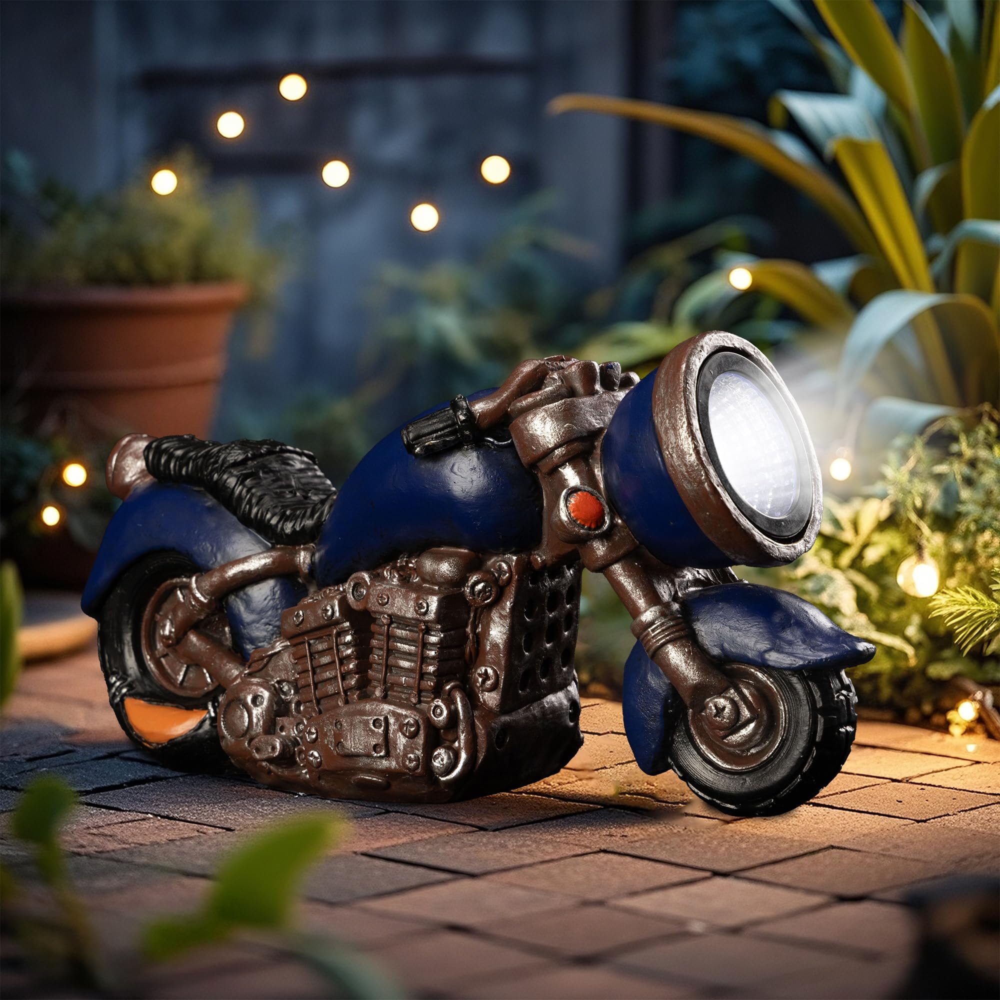 Etlemonde Solar Vintage Style Motorcycle Statue, Resin Rustic Retro Sculpture with LED Lights,Outdoor Art Decor for Garden Court