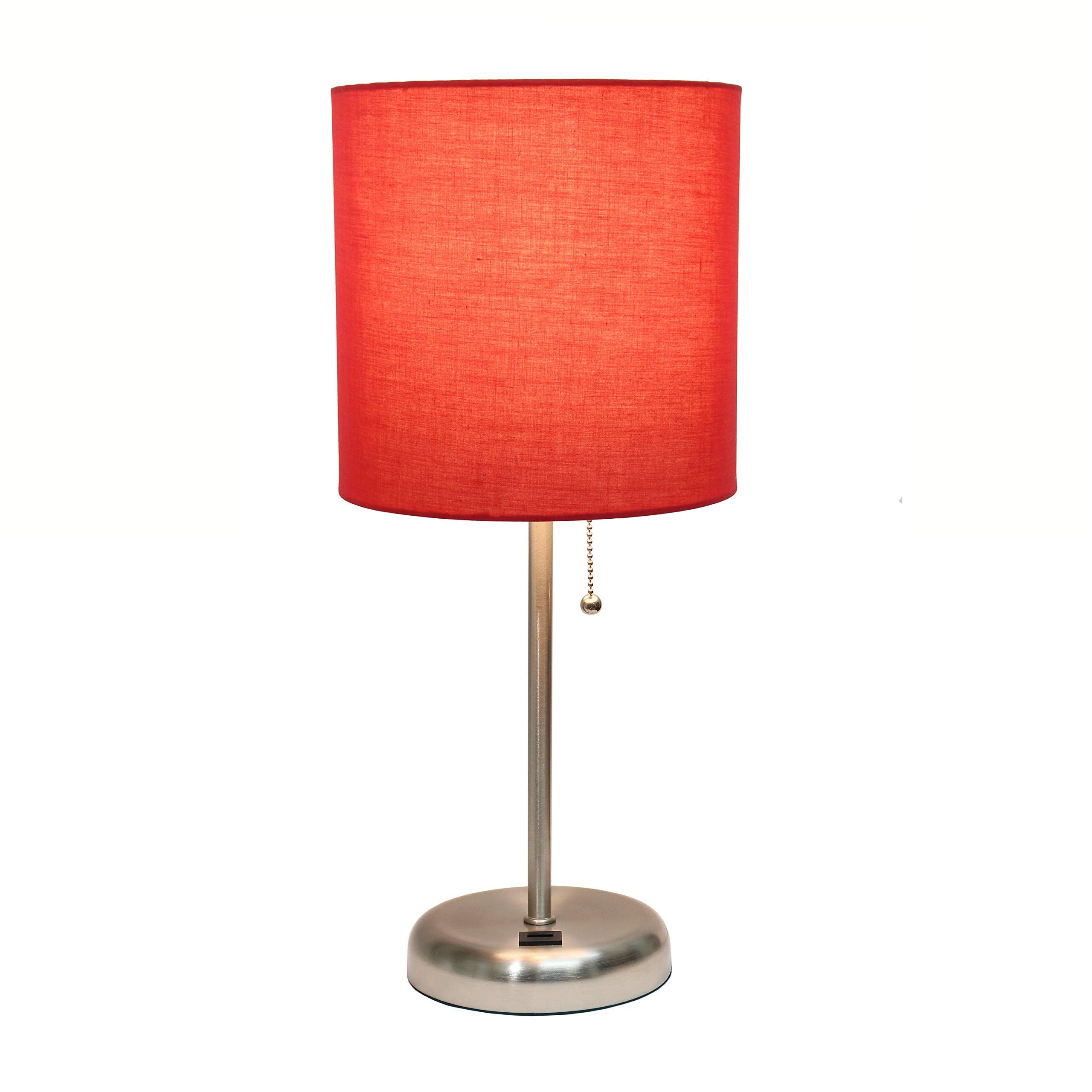 Simple Designs Lt2044-Red Brushed Steel Stick Table Desk Lamp With Usb Charging Port And Drum Fabric Shade, Red Shade