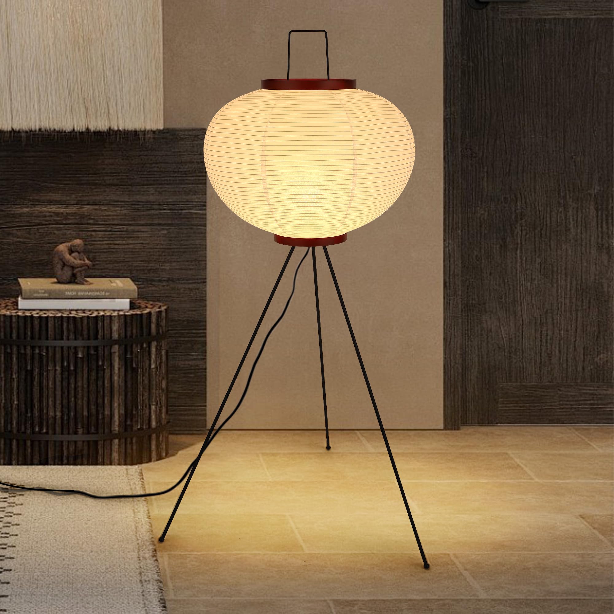 Fivemengo Japanese Rice Paper Floor Lamp  Cozy Paper Lamp Japandi Lantern Lights Wabi Sabi Style for Living Room Bedroom Office  43 Inch Tripod Stand  White Lantern with E26 LED Bulb  3000K/5000K